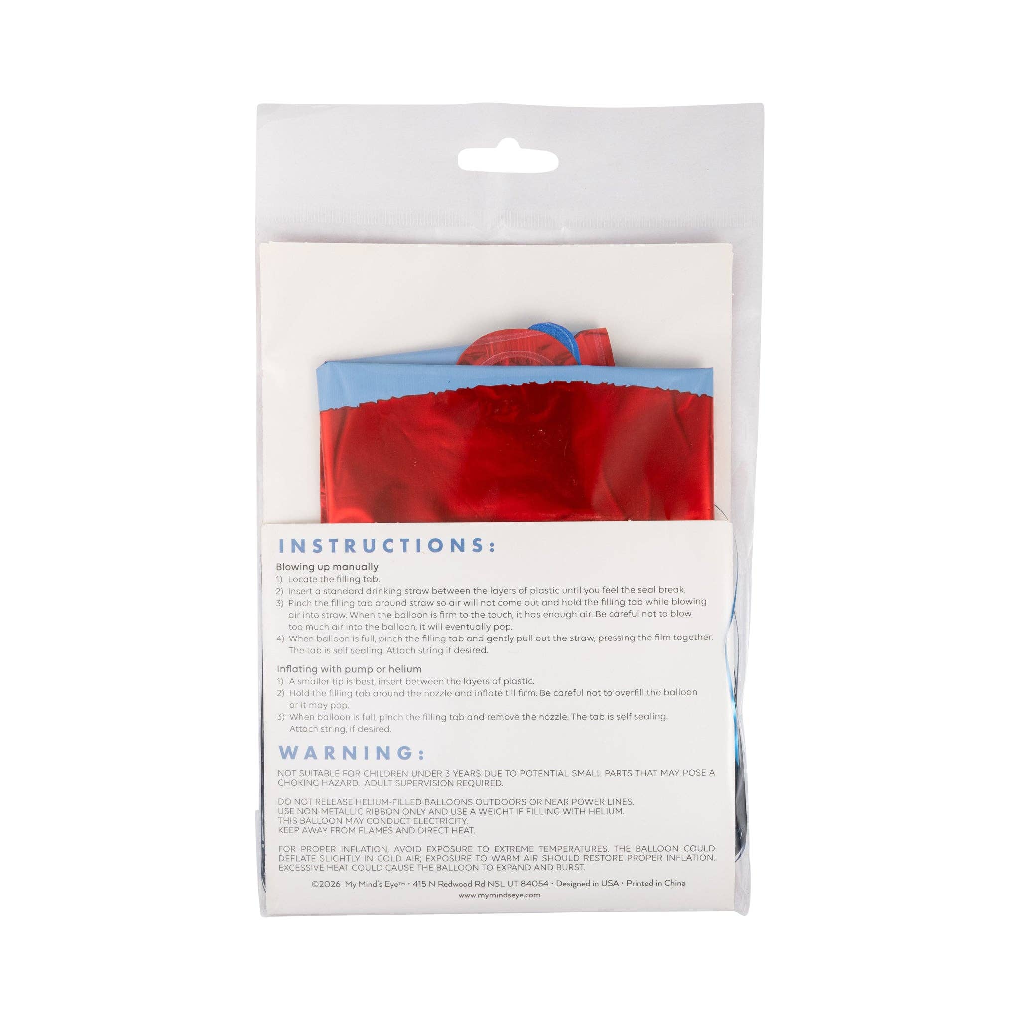 Back of packaging for the firecracker mylar balloon showing inflation instructions for manual and helium methods, safety warnings, and My Minds Eye branding