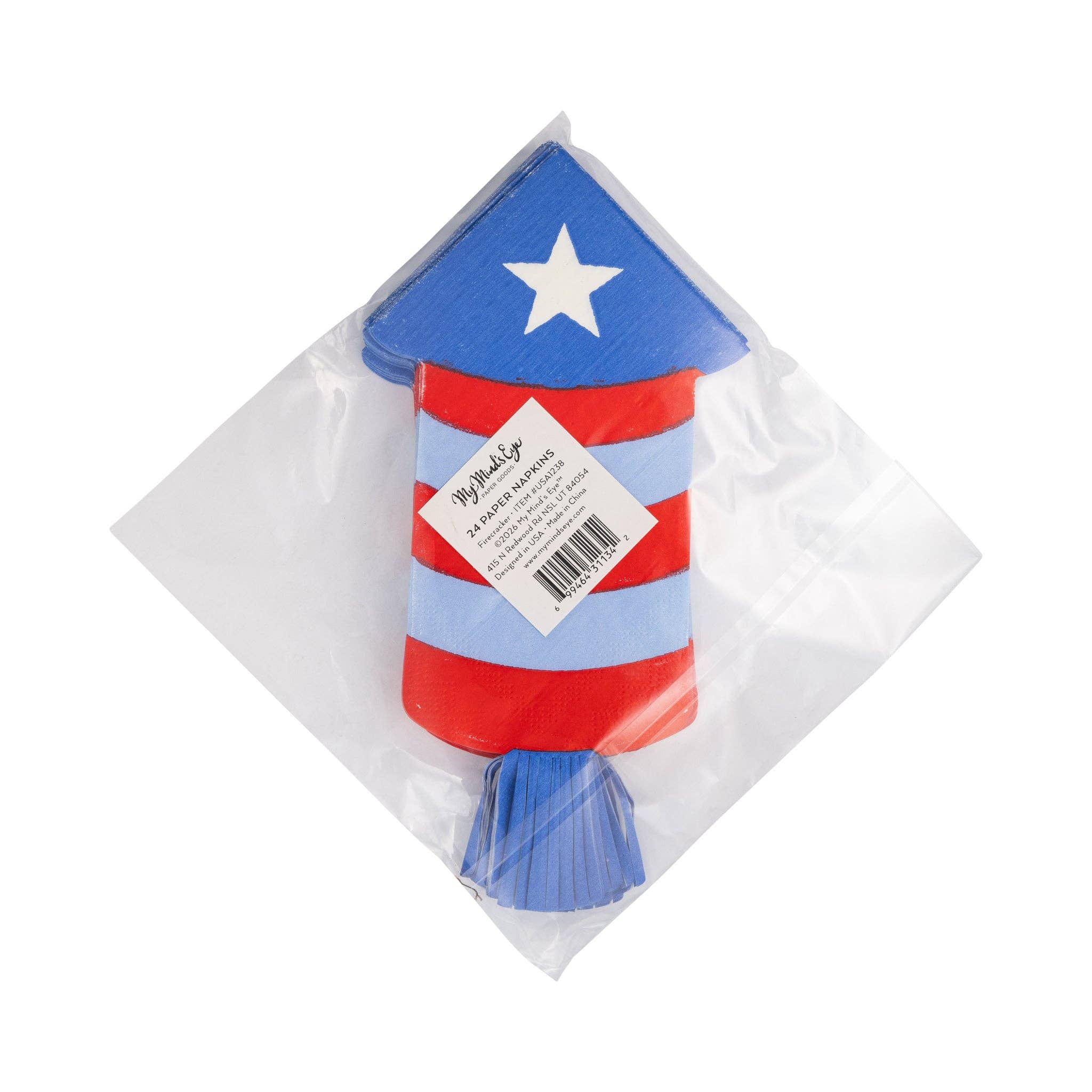 Back of packaging for firecracker shaped paper napkins showing die-cut rocket napkin with product label and 24 count in cellophane wrap