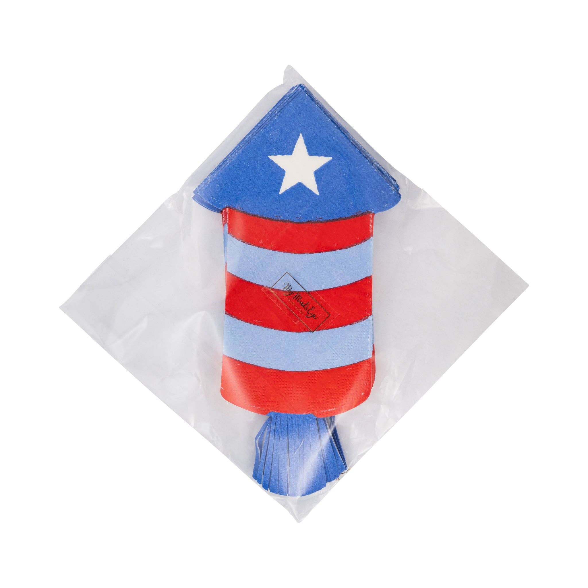Front of packaging for firecracker shaped paper napkins showing red blue and cream striped rocket silhouette with fringed blue tail in cellophane