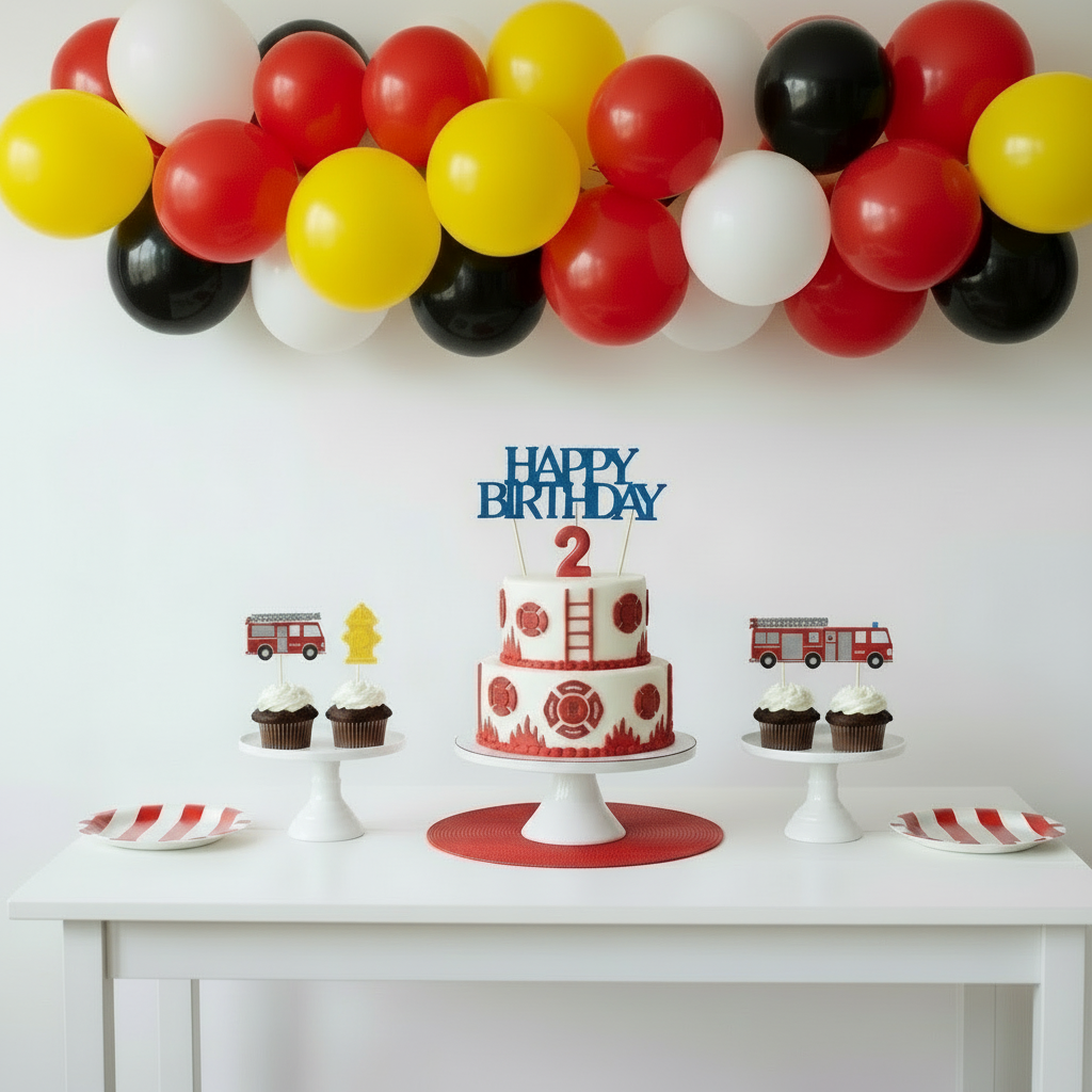 balloon arch above firetruck birthday cake table setup

