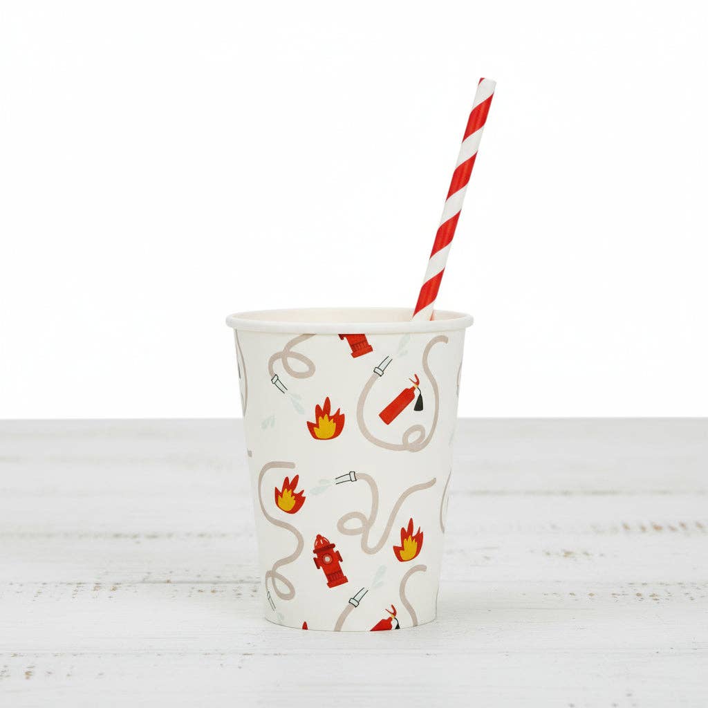 Firetruck party cup with striped straw.