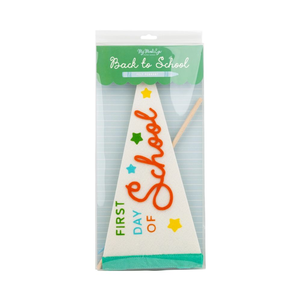 Packaged first day of school felt pennant product front view.