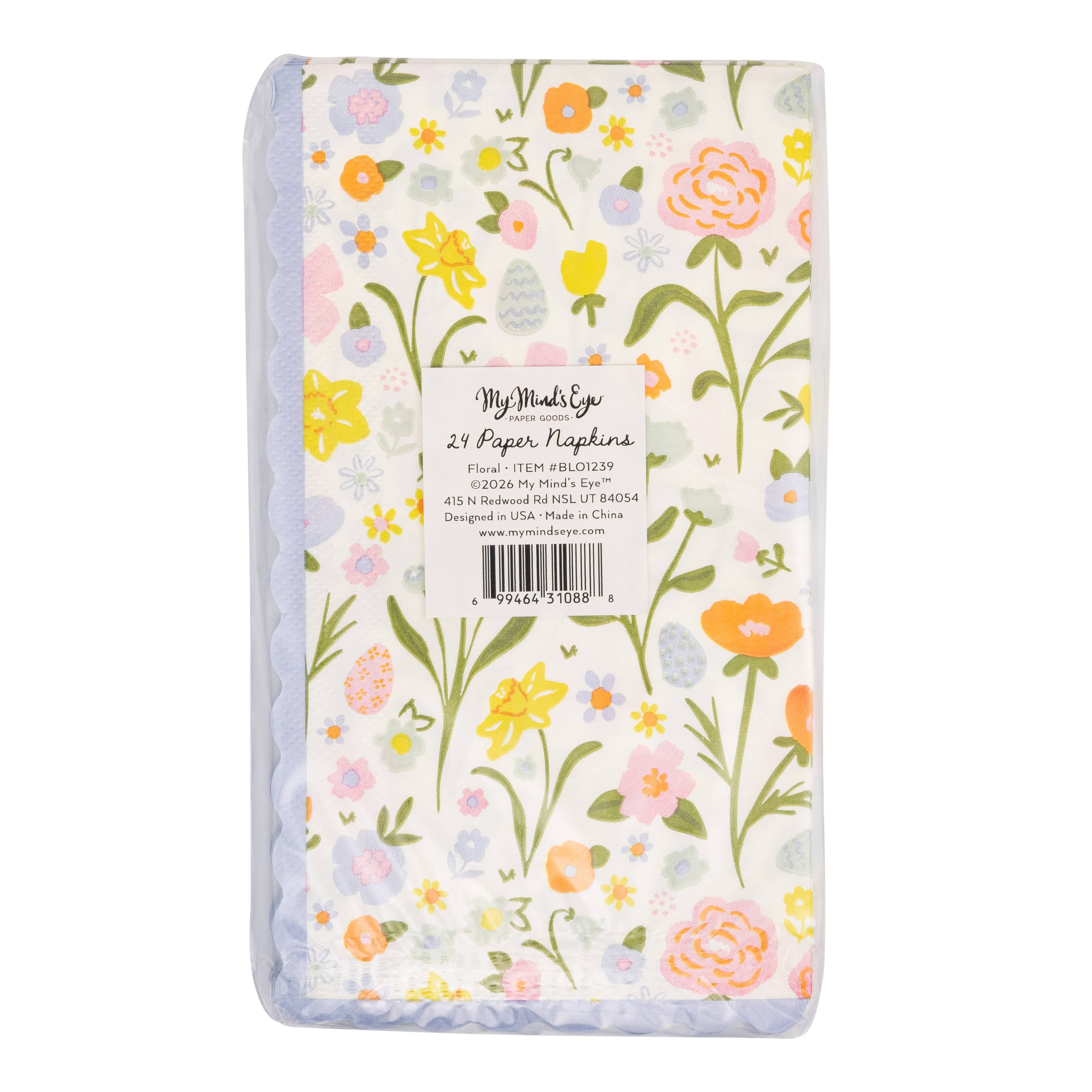 Back of Blossom Floral napkin package showing product details and floral print.