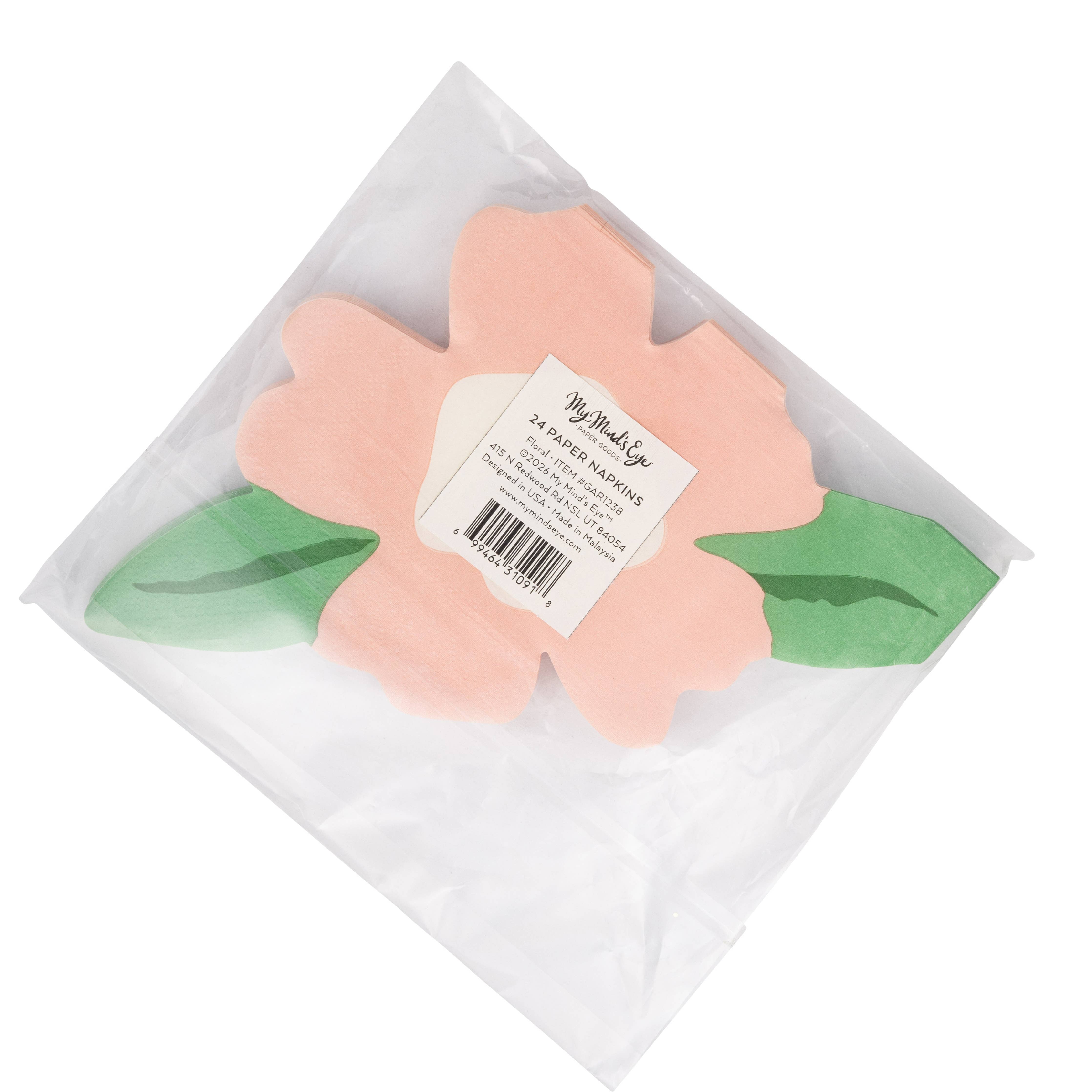 Back of packaged floral shaped napkins showing product label