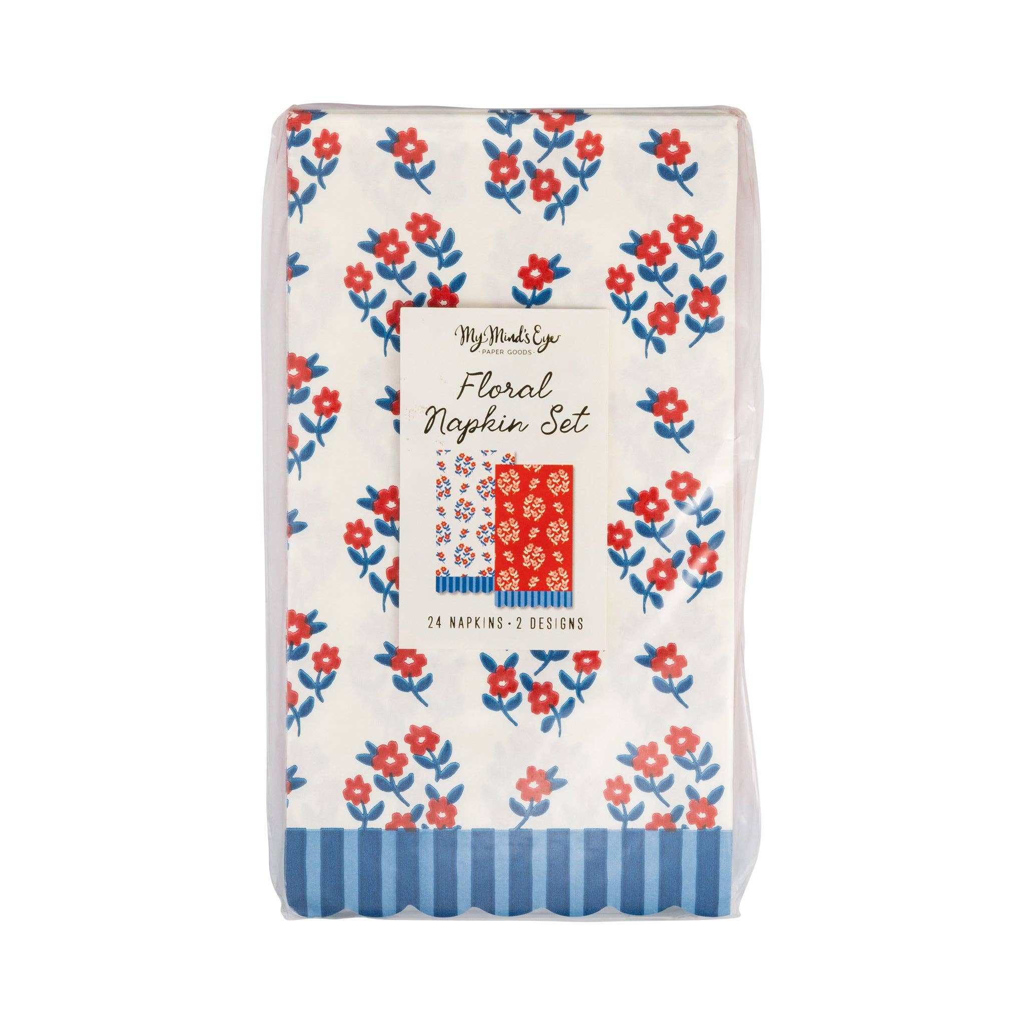 Front of floral paper napkin set packaging showing cream floral design and Floral Napkin Set label with 24 napkins 2 designs
