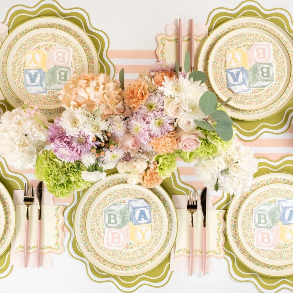 floral paper plates large with baby shower table setup.