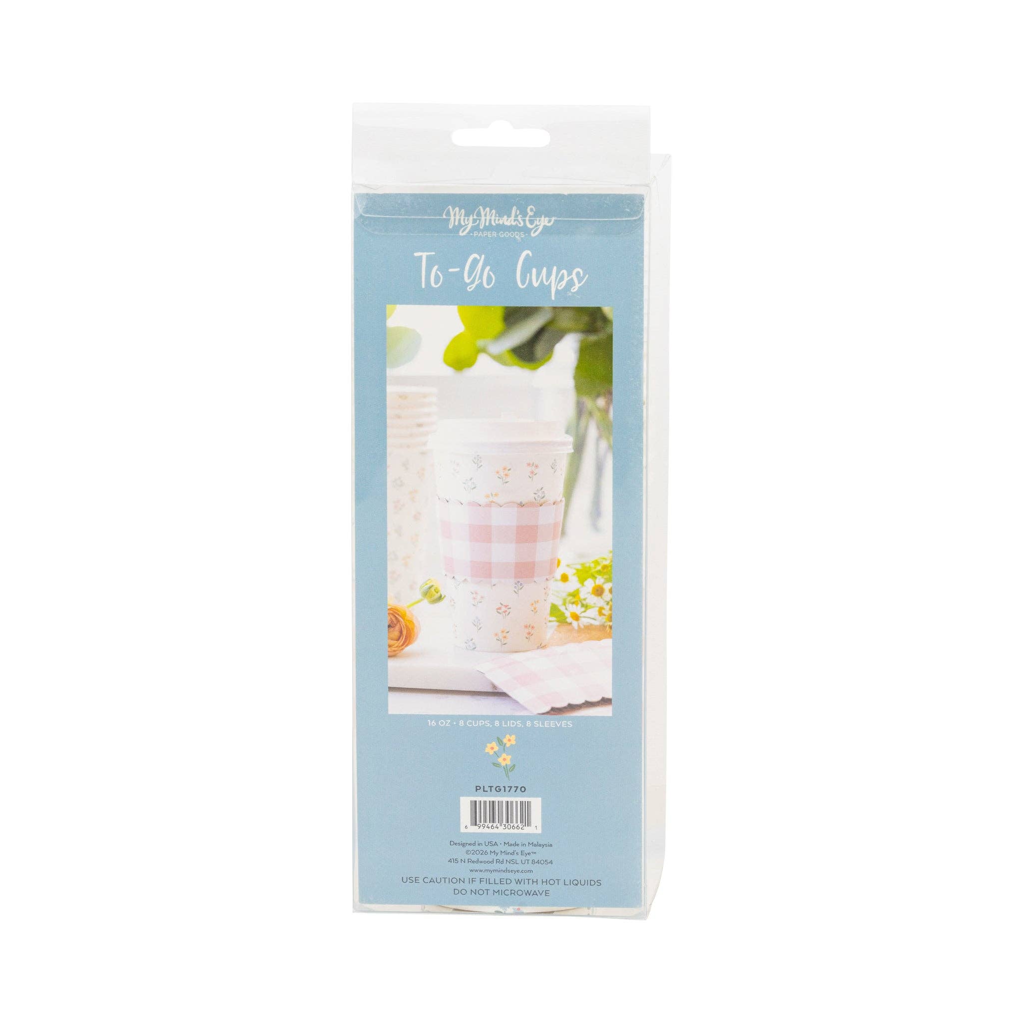 The back of the My Mind's Eye packaging for 8 dainty floral paper coffee cups showing 16 oz capacity and included lids and sleeves.