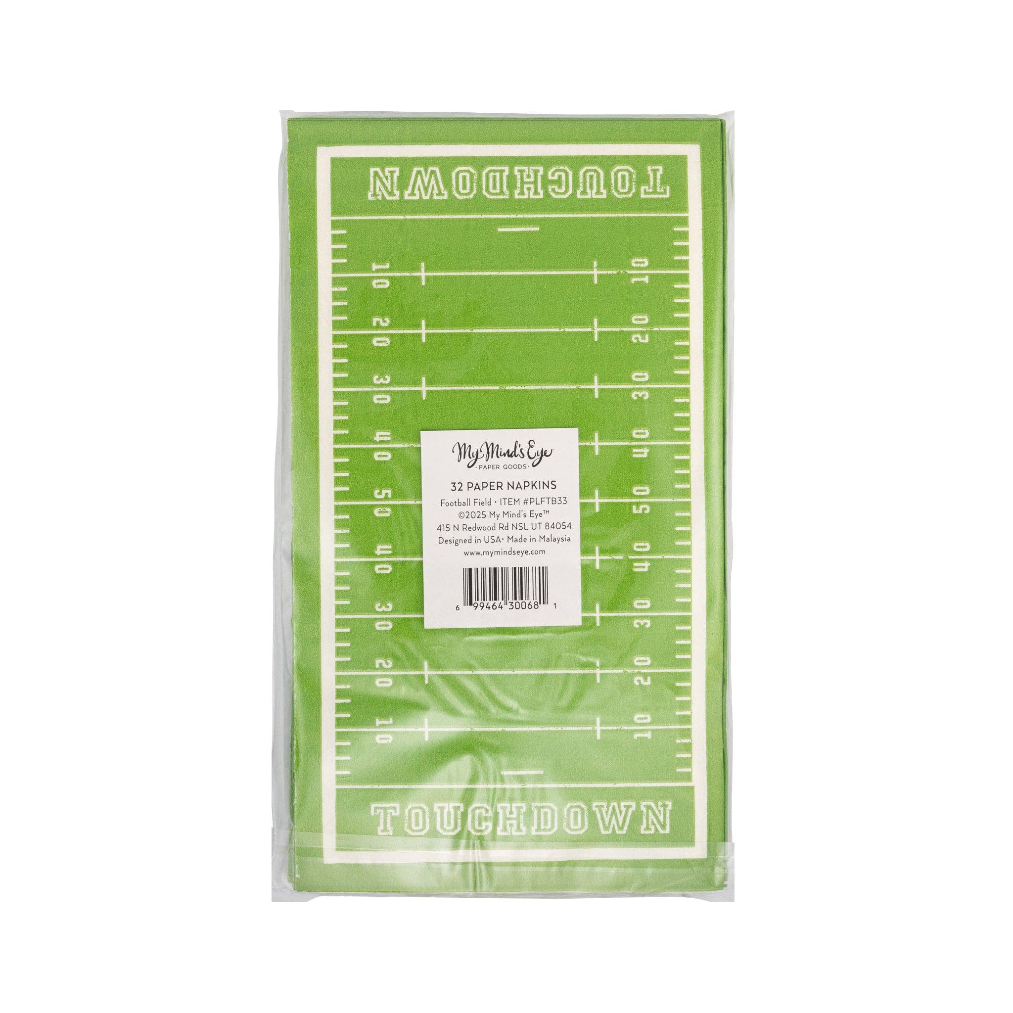 Back view of football field dinner napkins showing size and branding