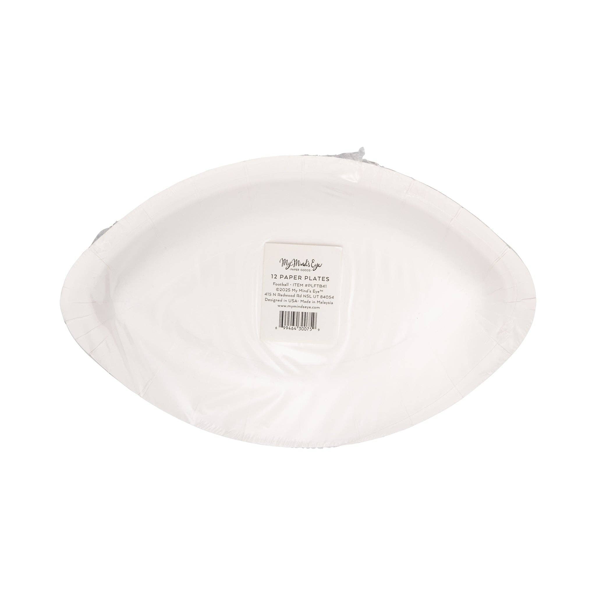 Back view of football shaped paper plates showing size and shape
