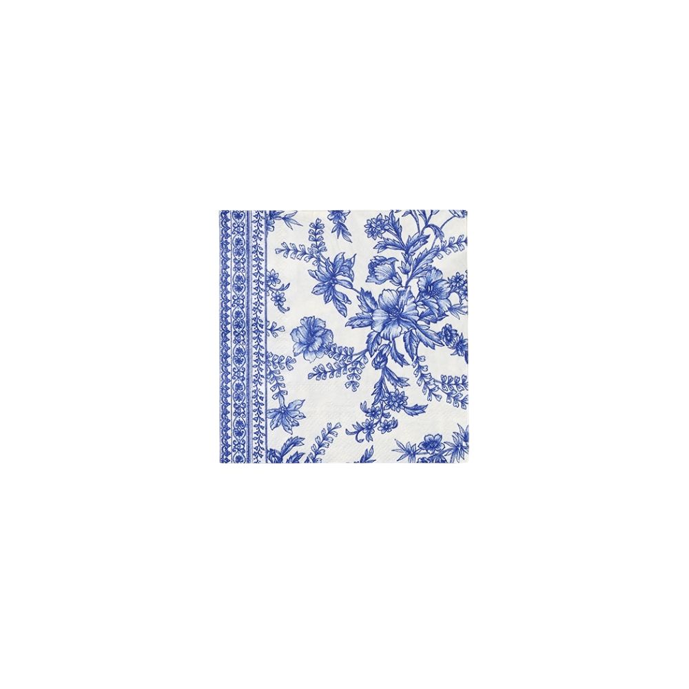French toile cocktail napkin with blue floral pattern