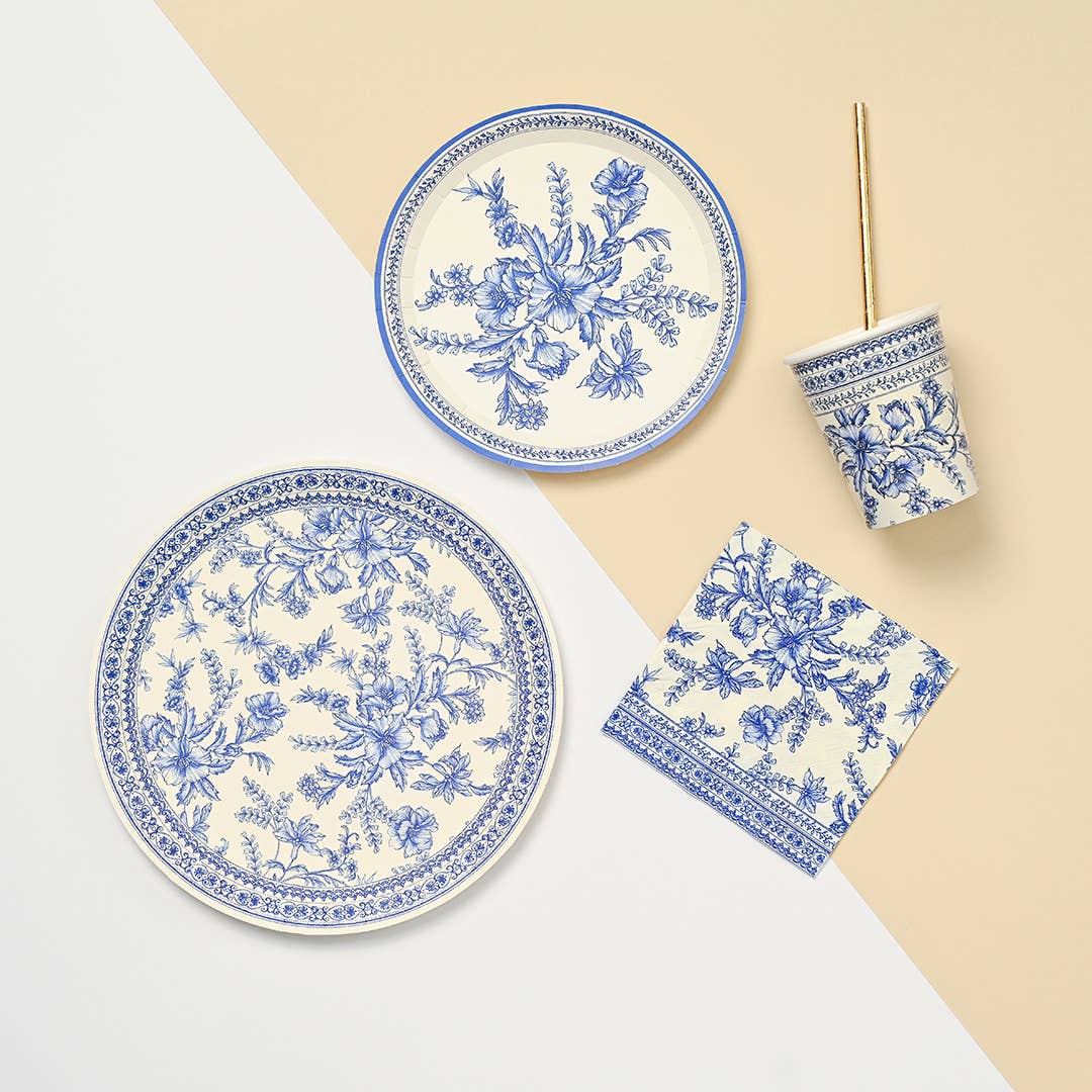 French toile napkin with matching plates and cup in coordinated table setup