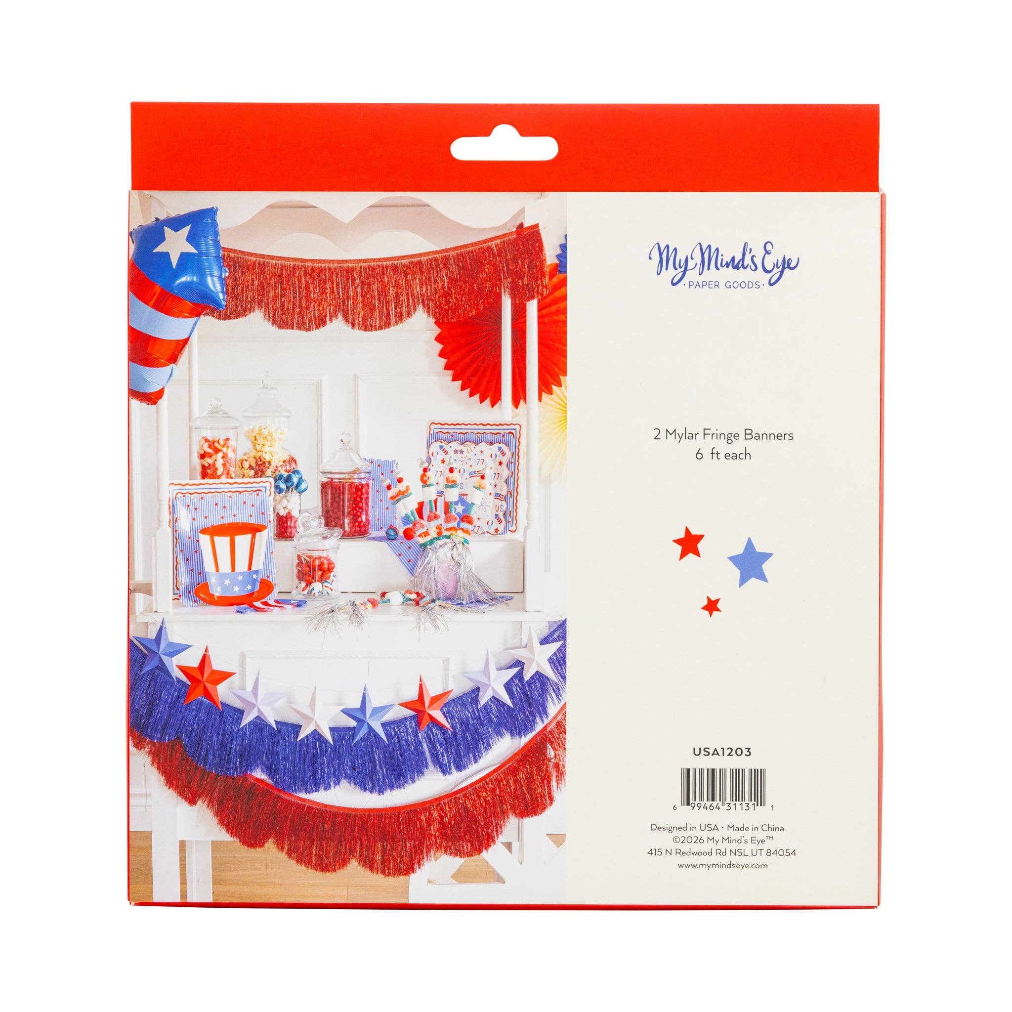 Back of packaging for the Fringed Scallop Banner Set showing 2 Mylar Fringe Banners 6 ft each with My Minds Eye branding and item number USA1203