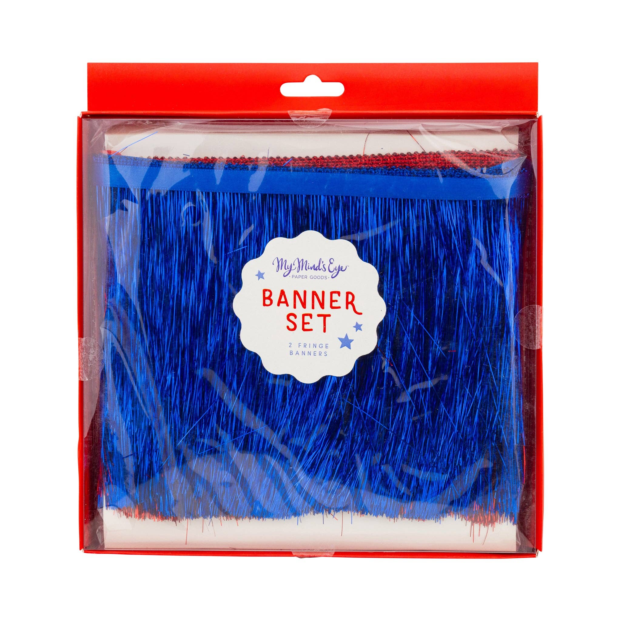 Front of packaging showing blue and red mylar fringe banners inside a clear box labeled Banner Set 2 Fringe Banners by My Minds Eye