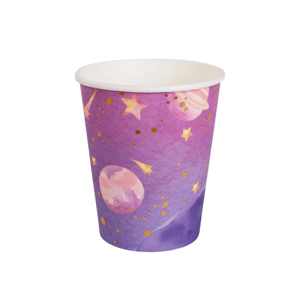 purple galaxy paper cup with stars and planets design