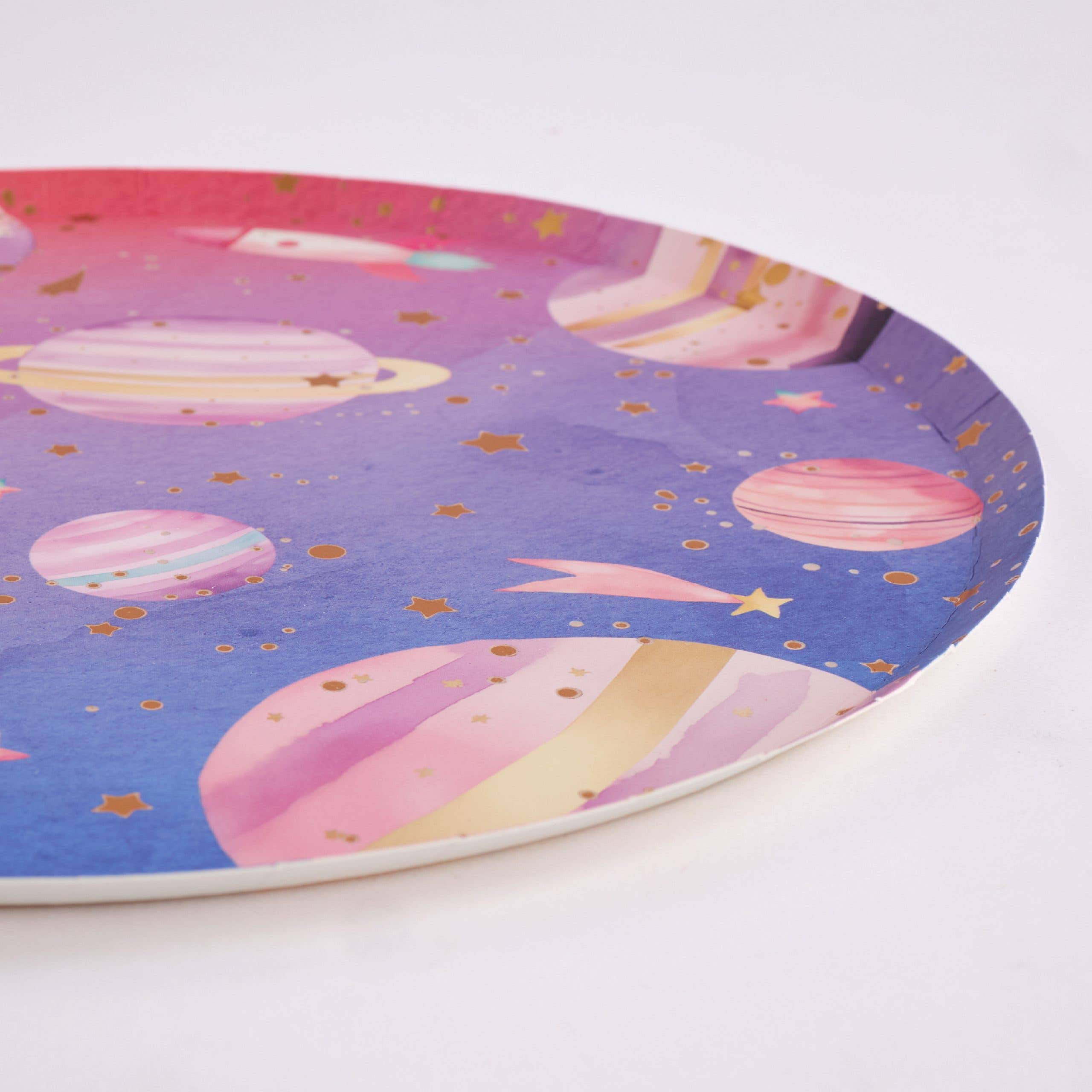 close up of galaxy plate showing edge and gold foil details