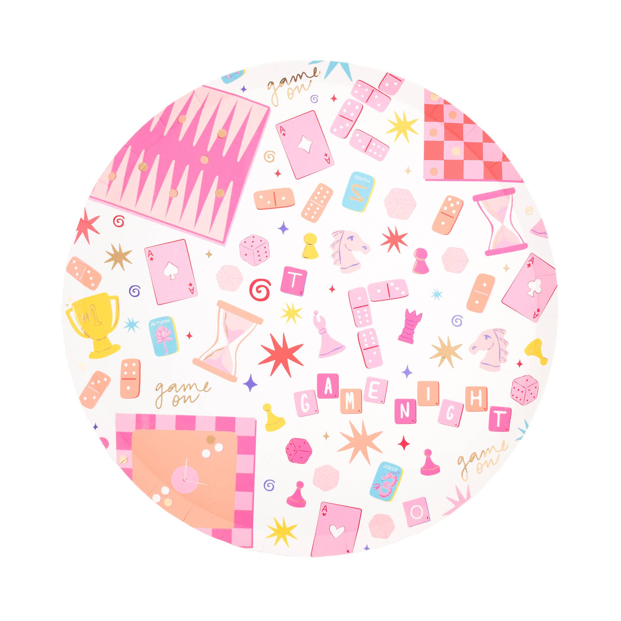 Single game night round paper dinner plate on white background showing pink all-over print of cards, dice, dominoes, chess pieces, backgammon, hourglass, trophy, and "GAME NIGHT" tile lettering
