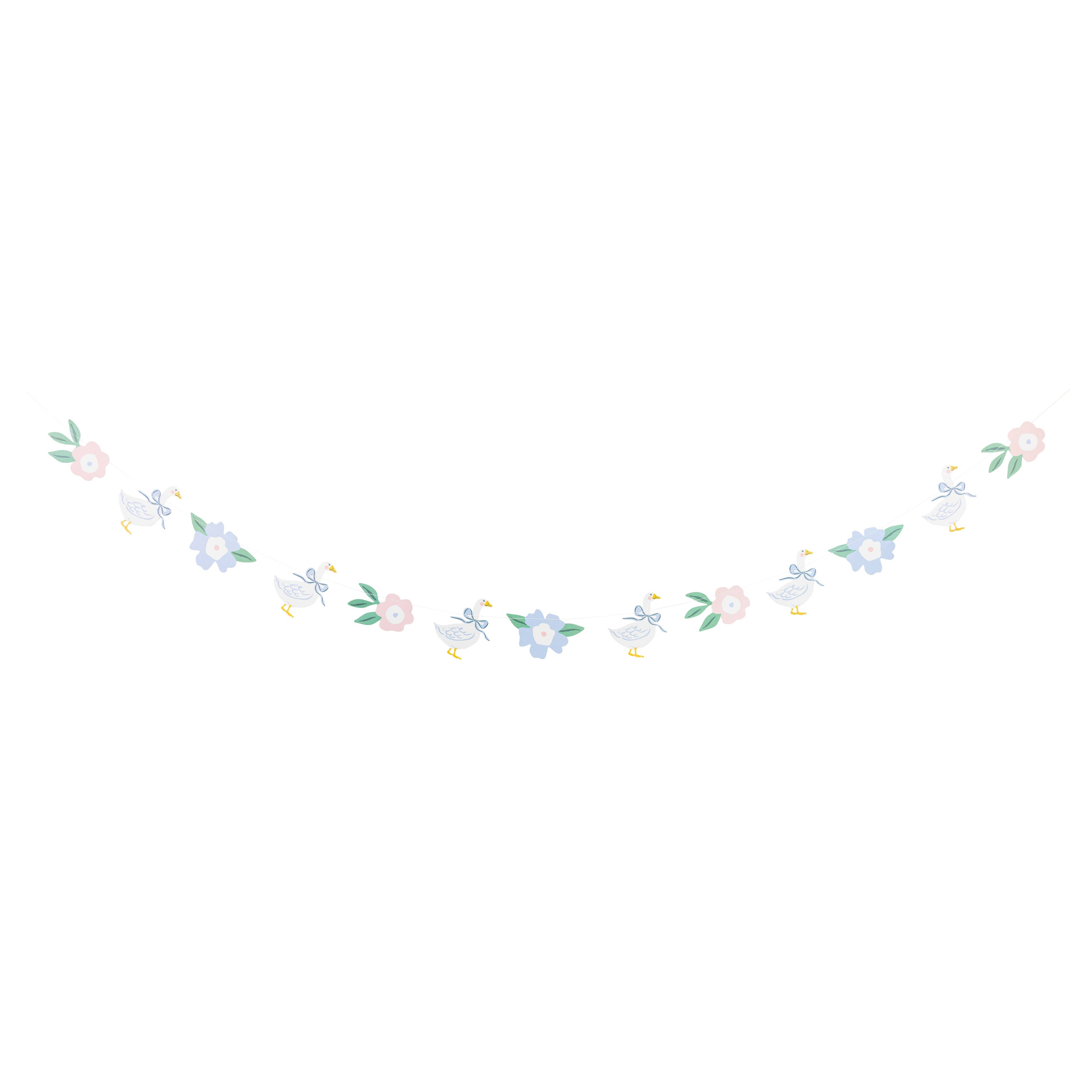 Garden goose and floral spring banner stretched across a white background