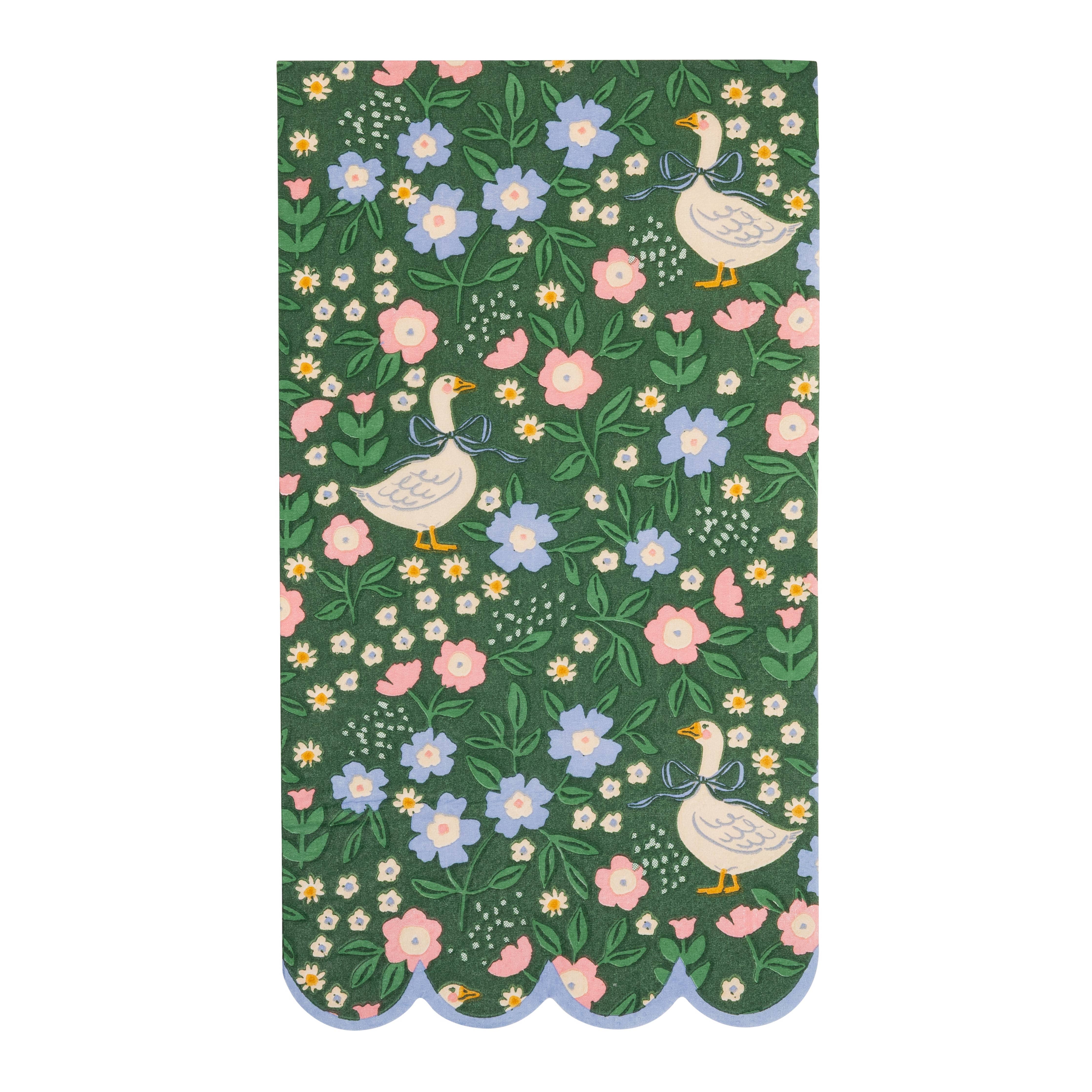 Green floral goose pattern dinner napkin with scalloped blue edge