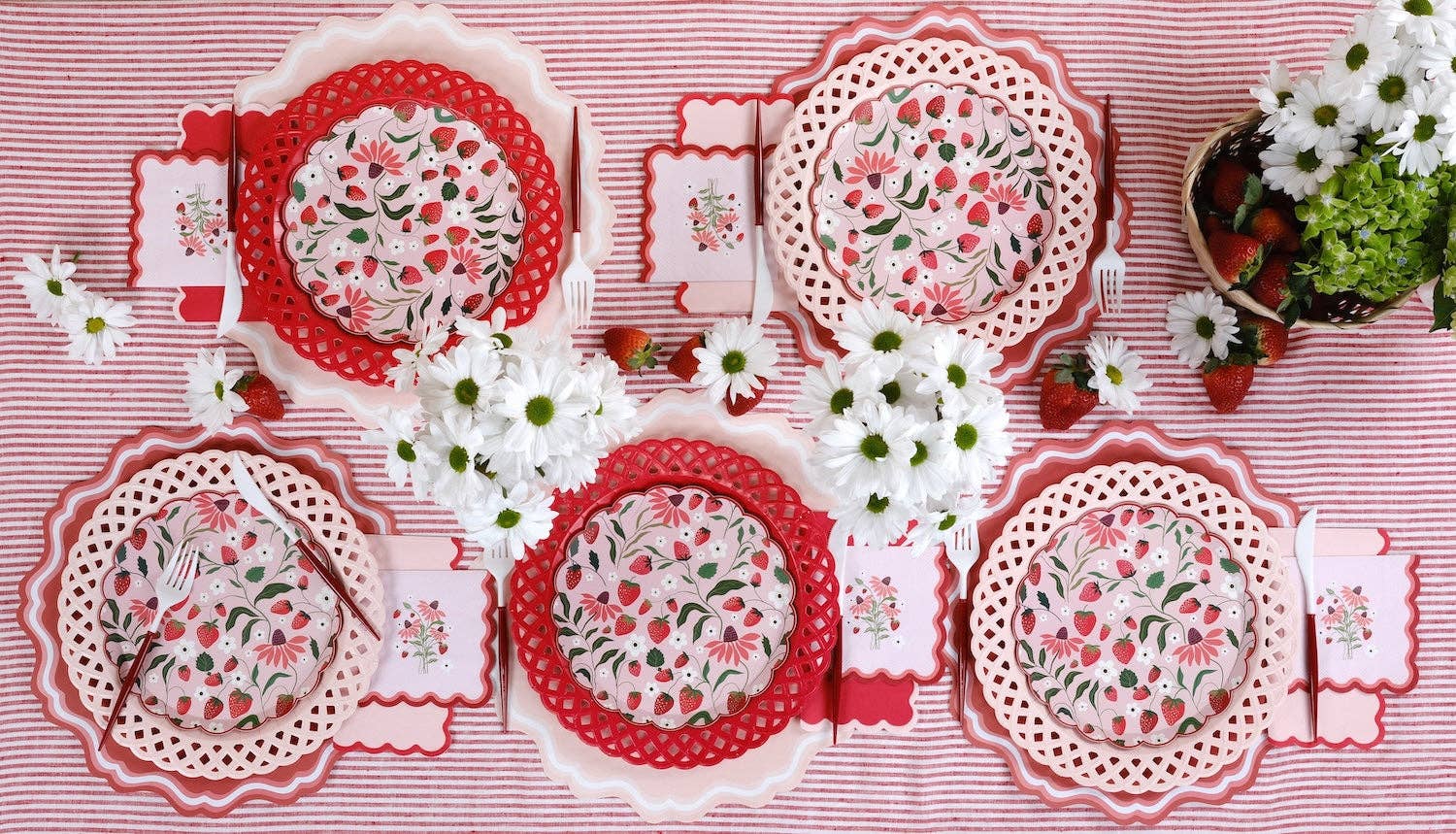 Strawberry Paper Plates styled with red lattice chargers and matching napkins for a Cottagecore Garden Tea Party.