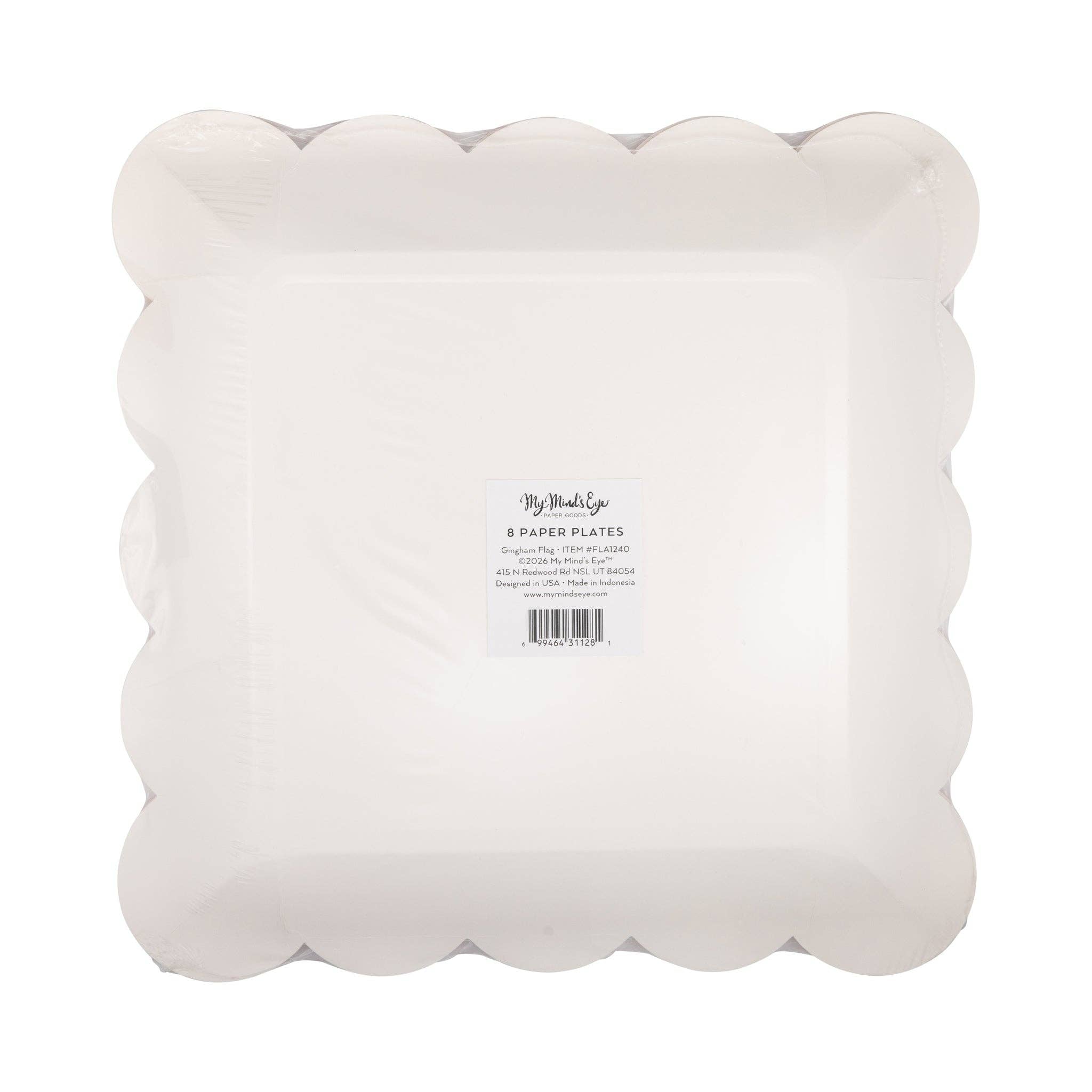 Back of gingham flag scalloped paper plate stack showing 8-count label