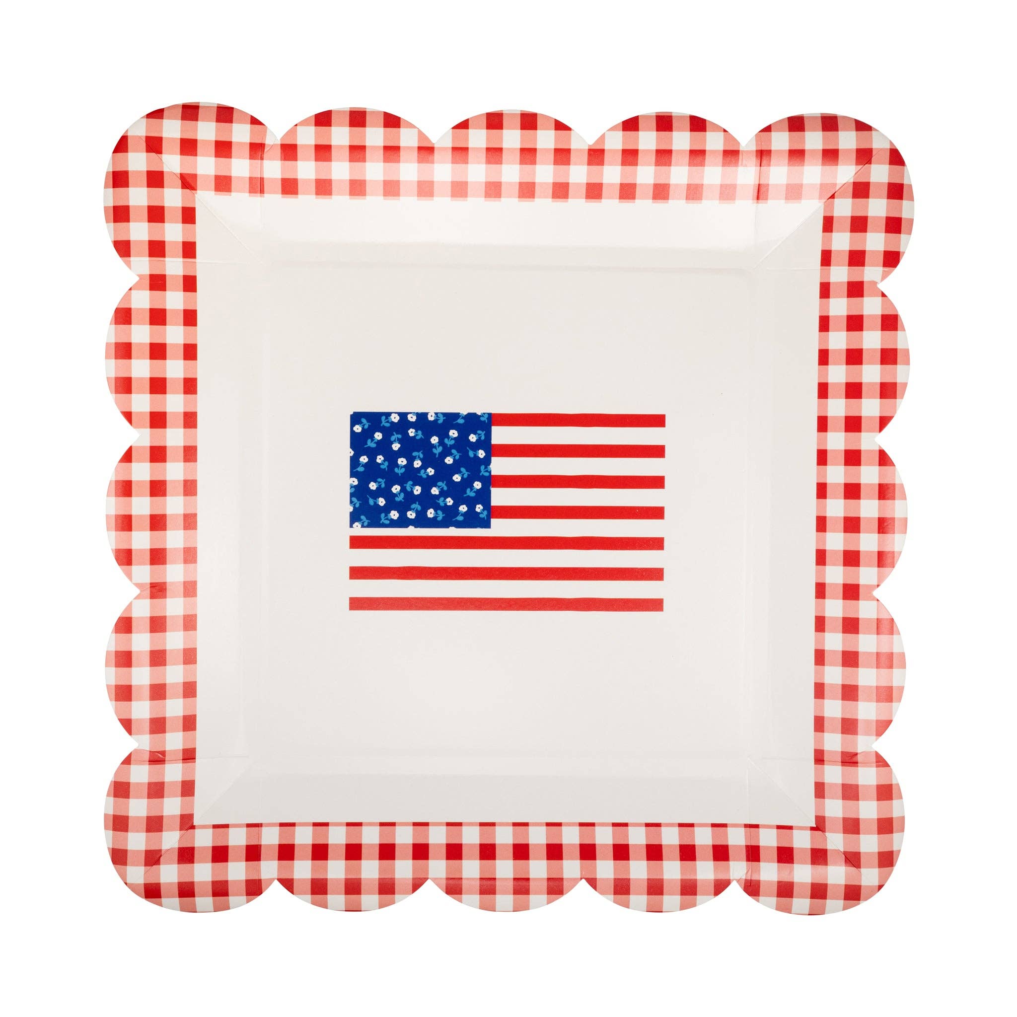 Single gingham flag scalloped paper plate flat lay showing full design with ditsy floral blue canton and gingham border