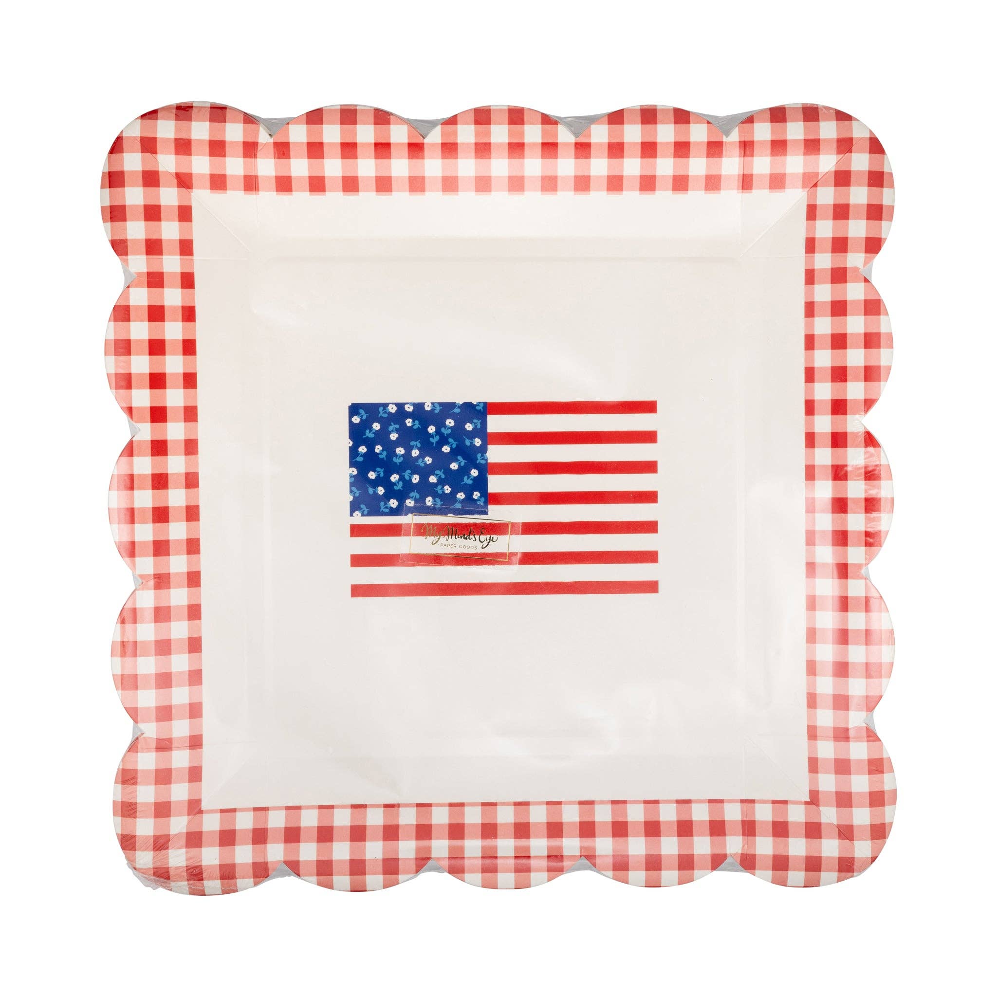Front of gingham flag scalloped paper plate showing American flag with floral canton and red gingham border