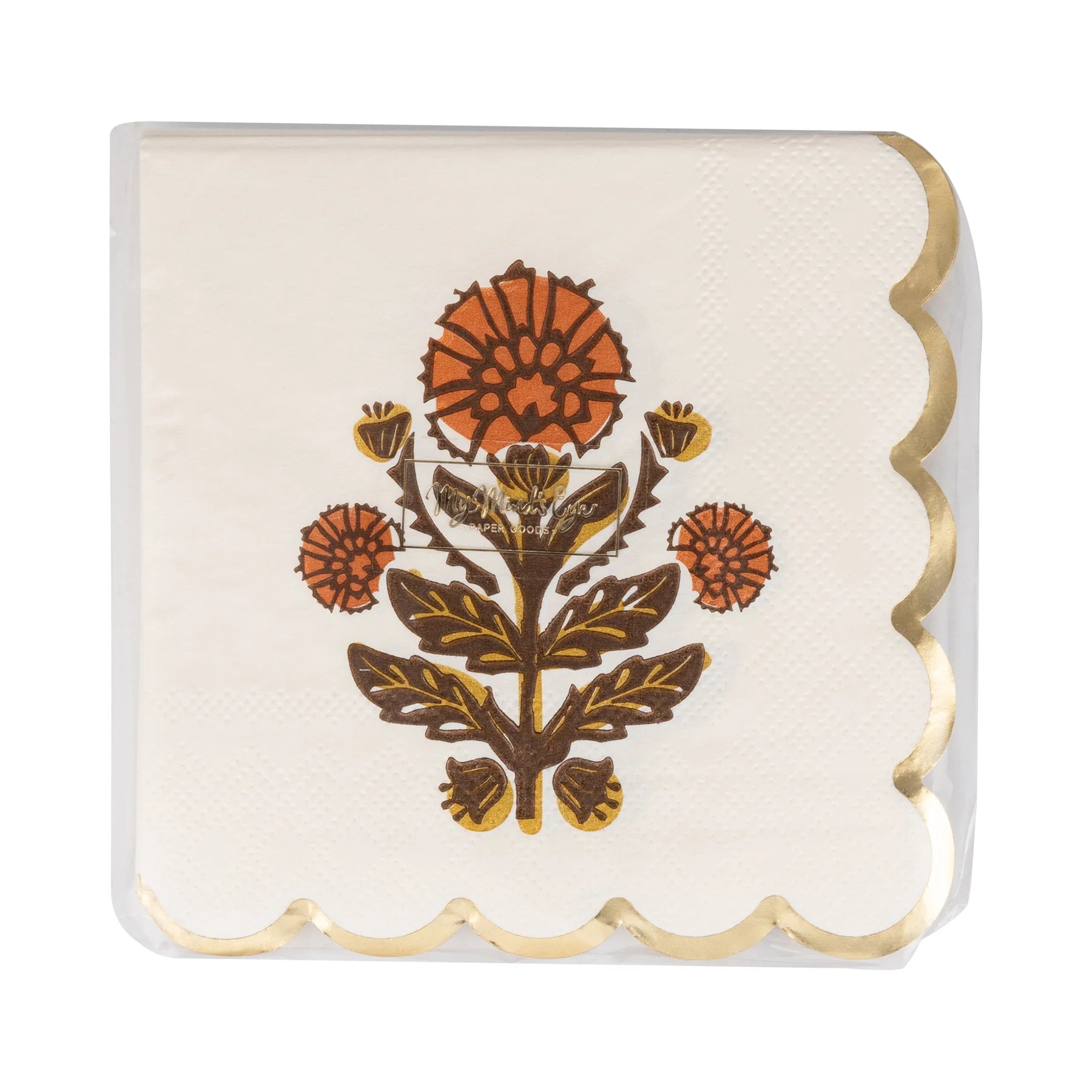 Single folded 5-inch napkin with orange floral print and gold trim.