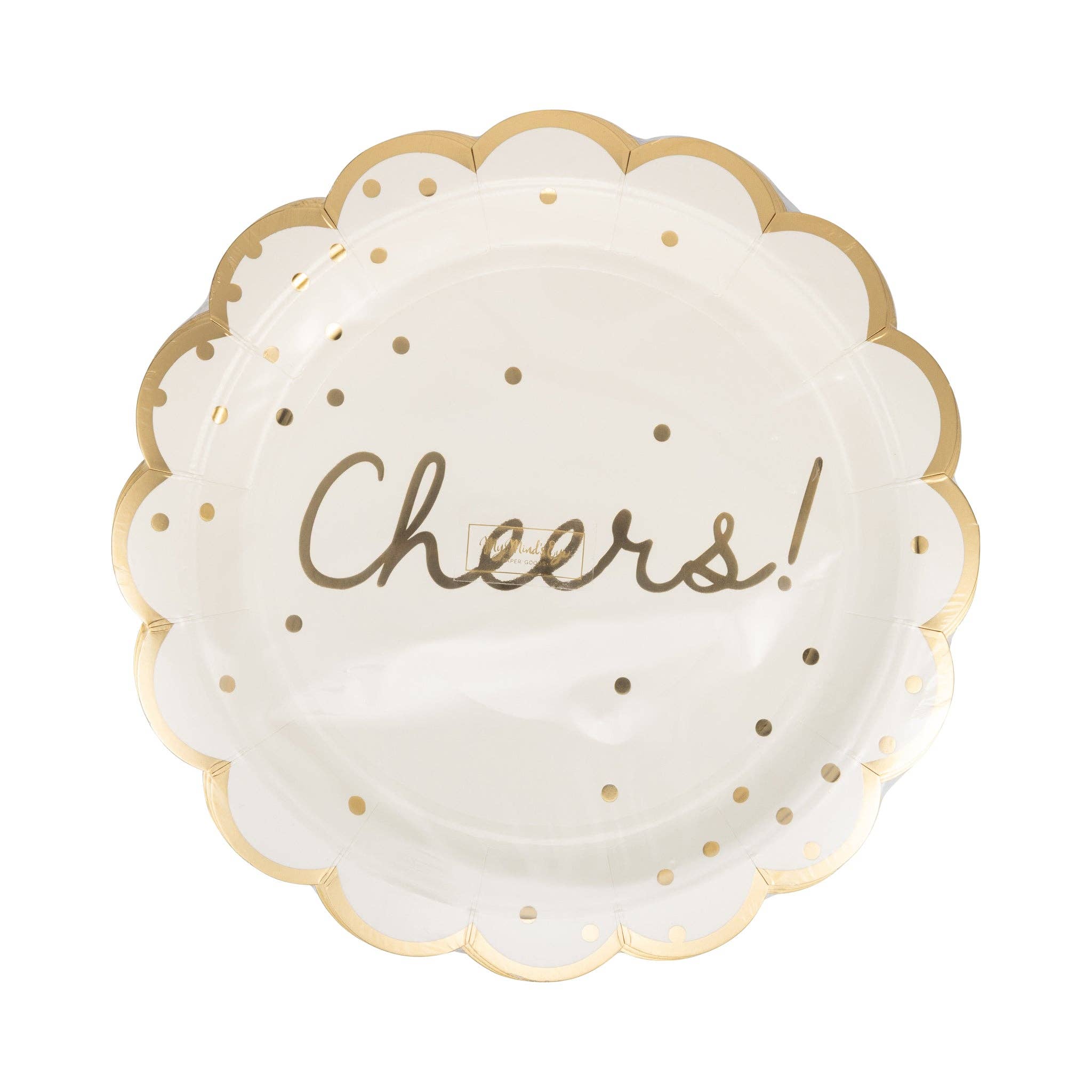Single cream and gold Cheers scalloped dinner plate with gold foil script and dot detail shown at angle on white background