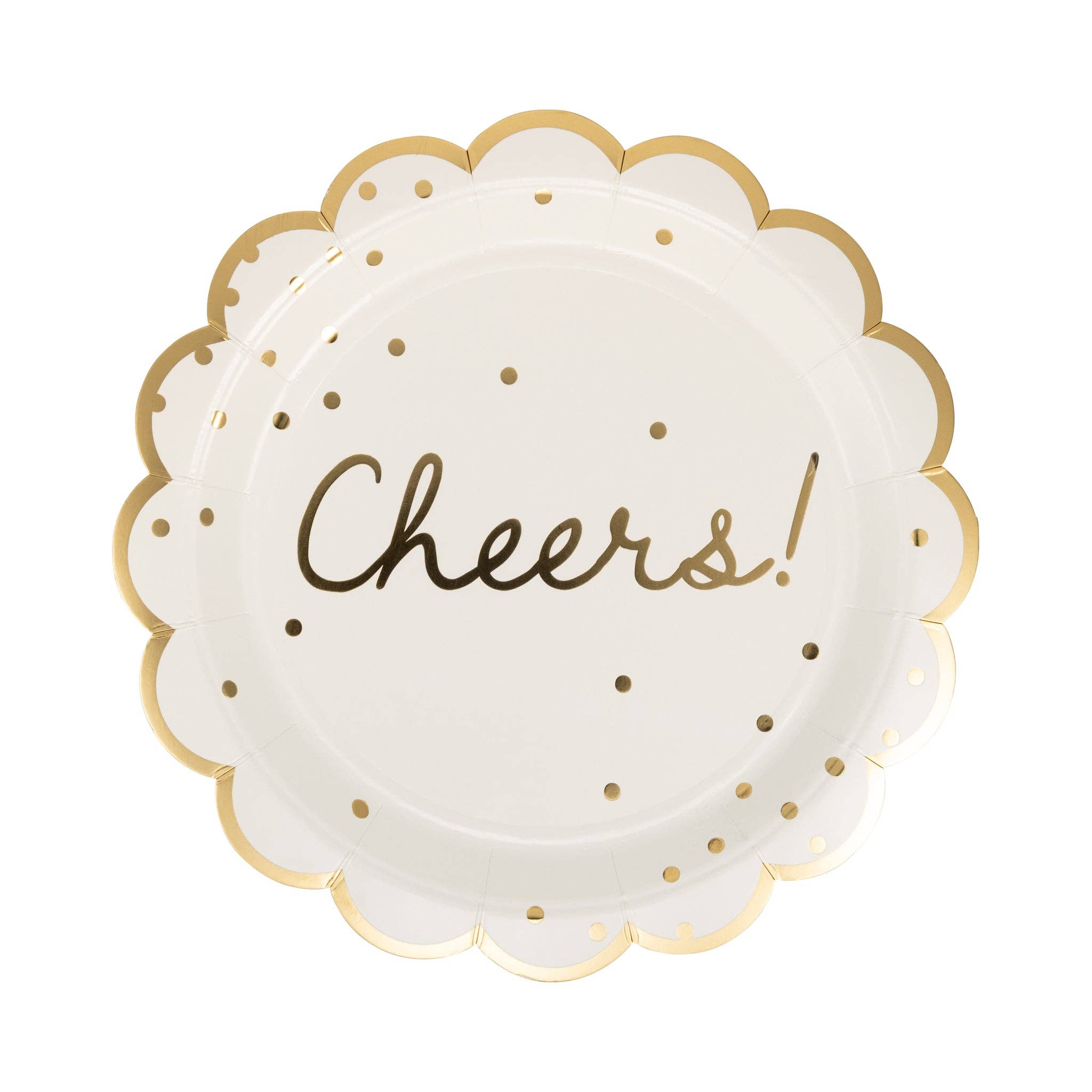 Single round cream paper dinner plate with gold foil Cheers script scattered gold dots and gold foil wavy scalloped border on white background
