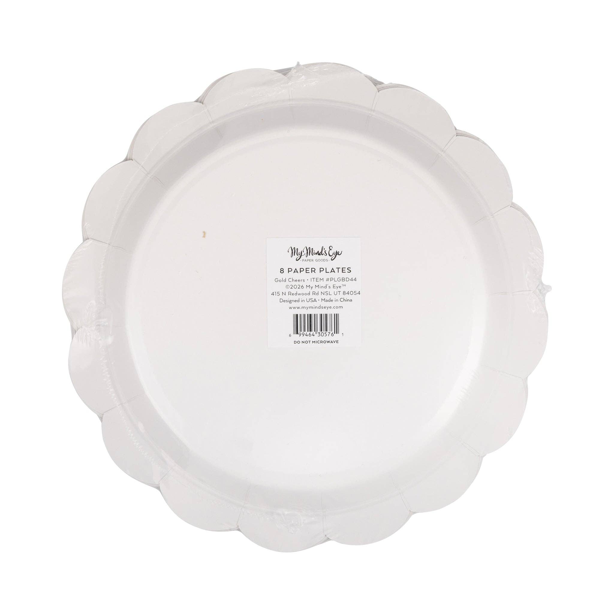 Back of My Mind's Eye gold Cheers scalloped paper dinner plate 8ct in clear retail packaging showing product label on white background