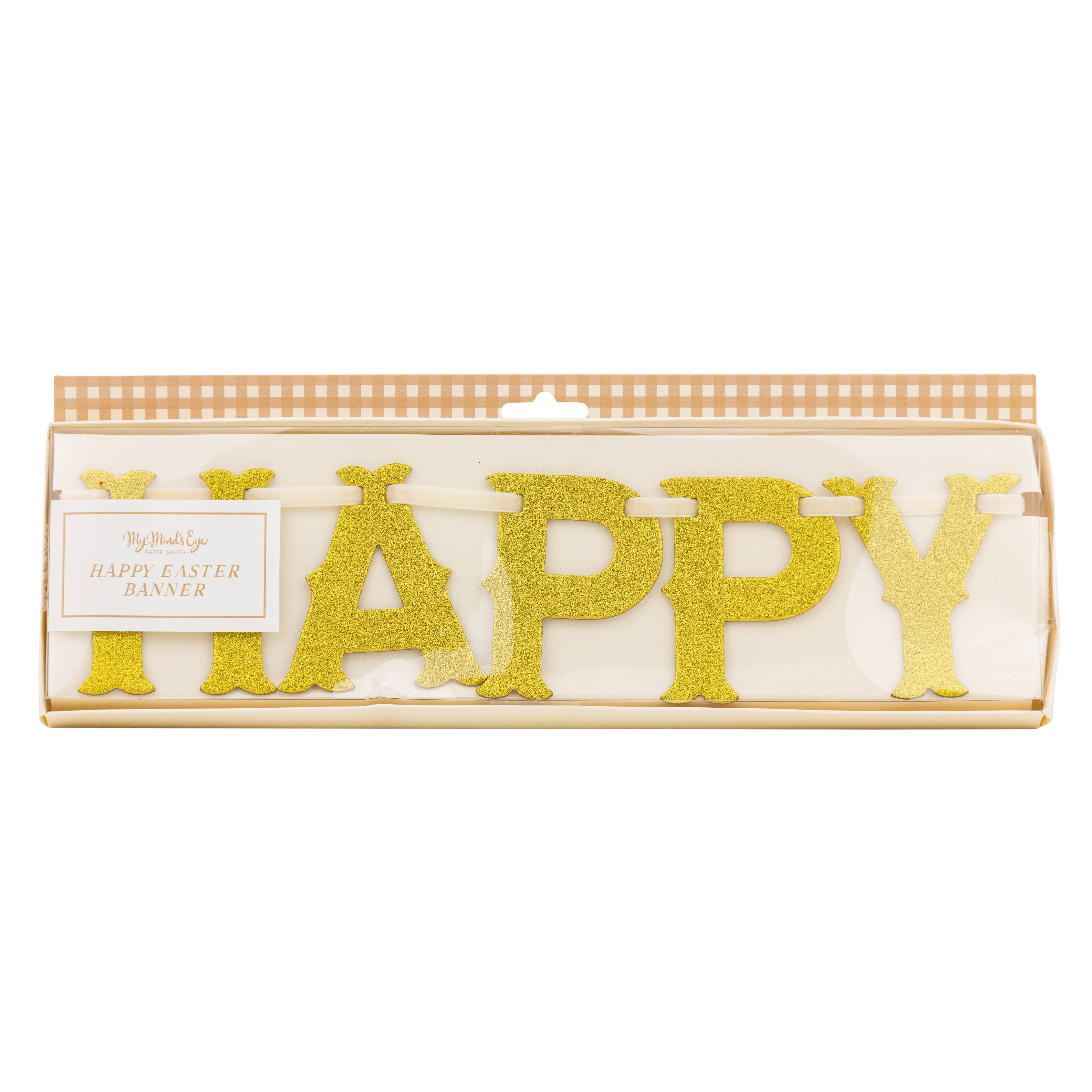 Packaged gold glitter Happy Easter banner in retail box