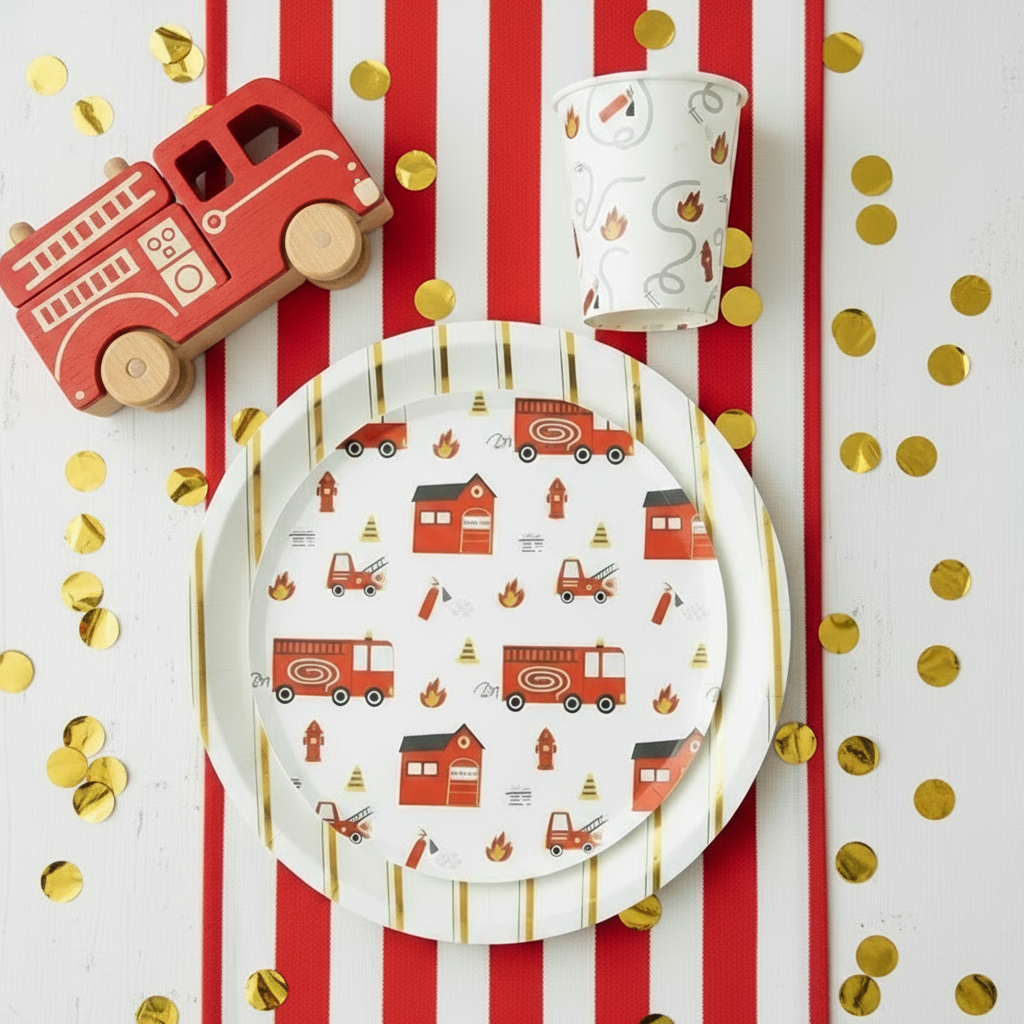 gold striped plate with firetruck themed table setting
