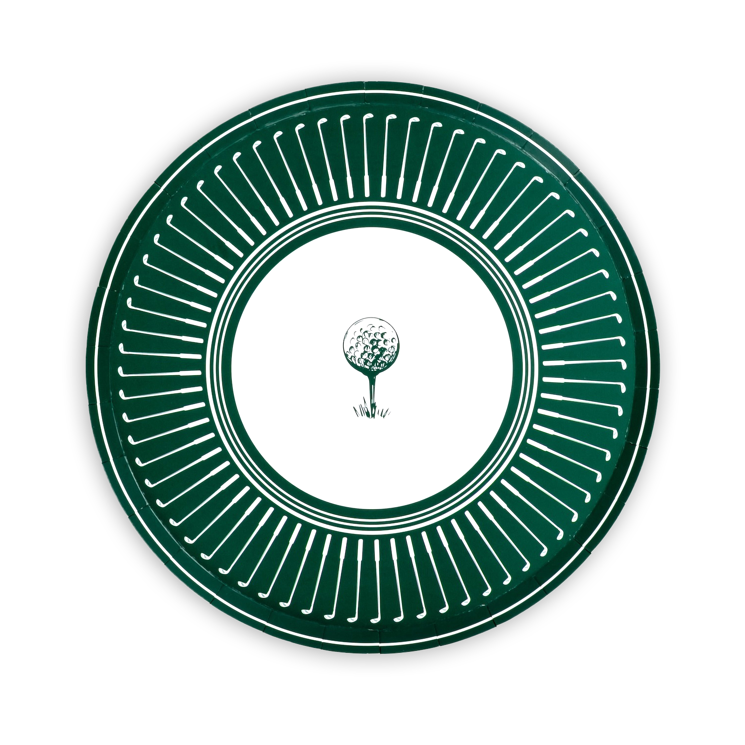 A crisp, high-resolution top view of the golf party dinner plate with a clean white center and a classic golf ball graphic, perfect for sports event planning.