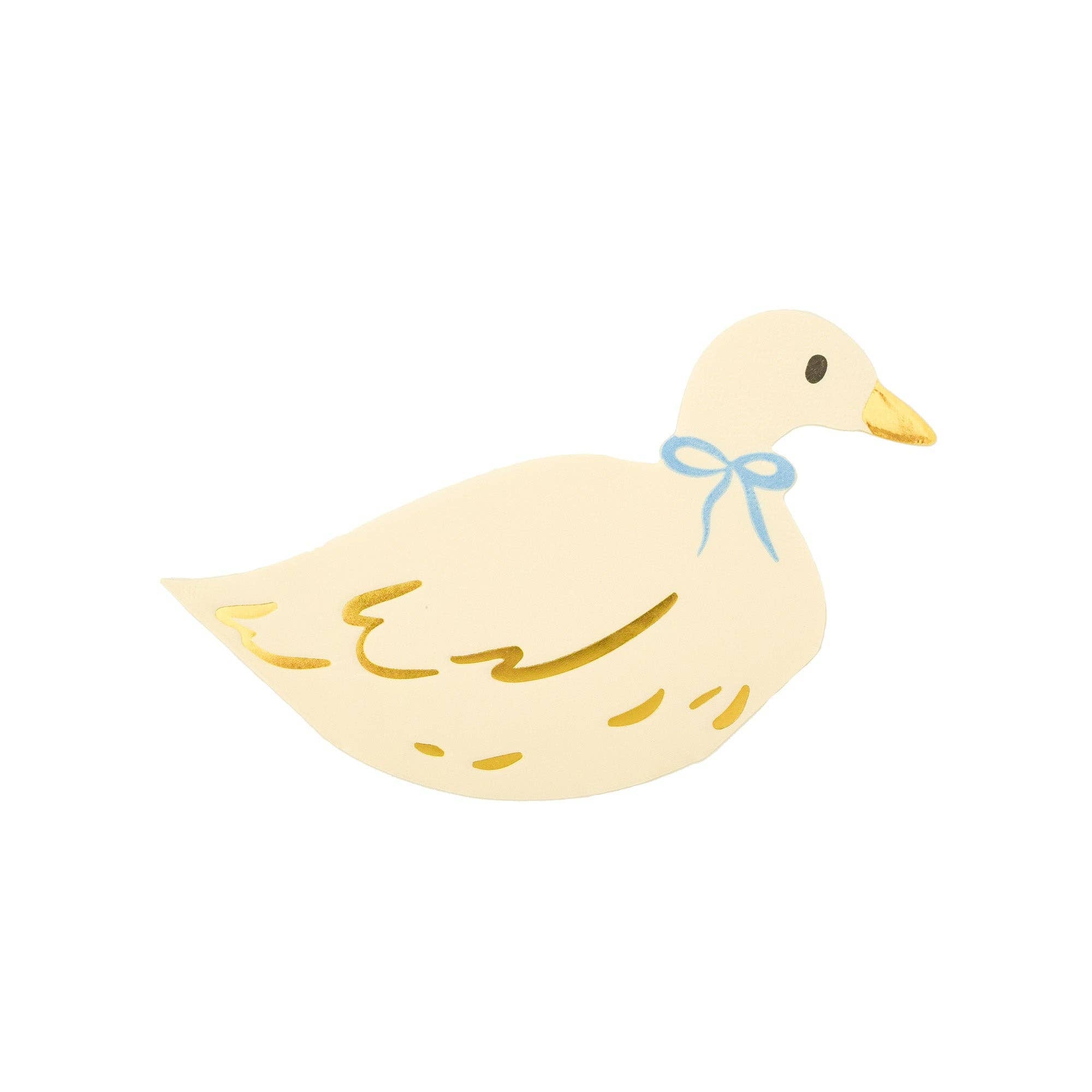 Illustrated goose shaped paper napkin with blue bow and gold accents.
