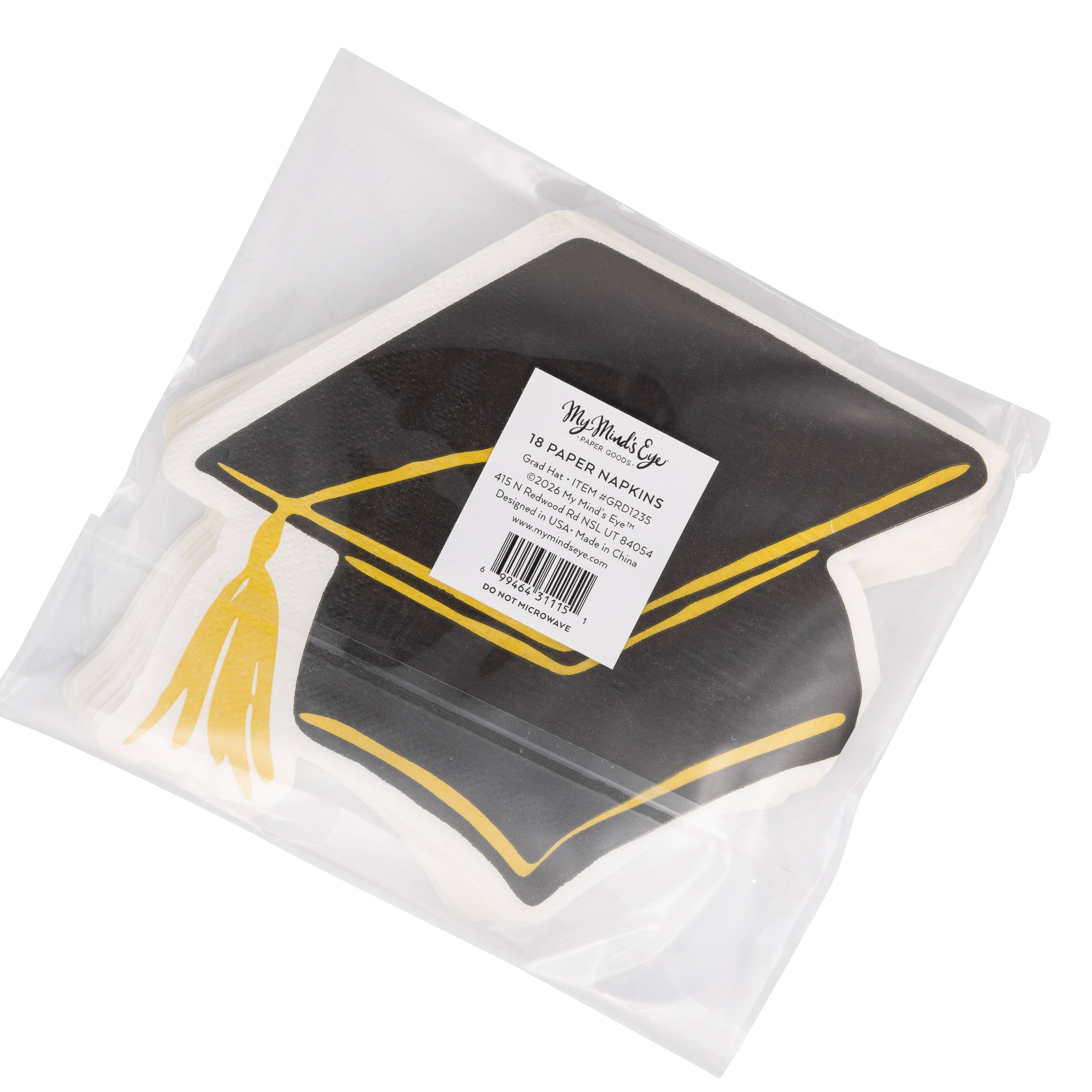 Back view of graduation cap cocktail napkins stacked in packaging with product label 