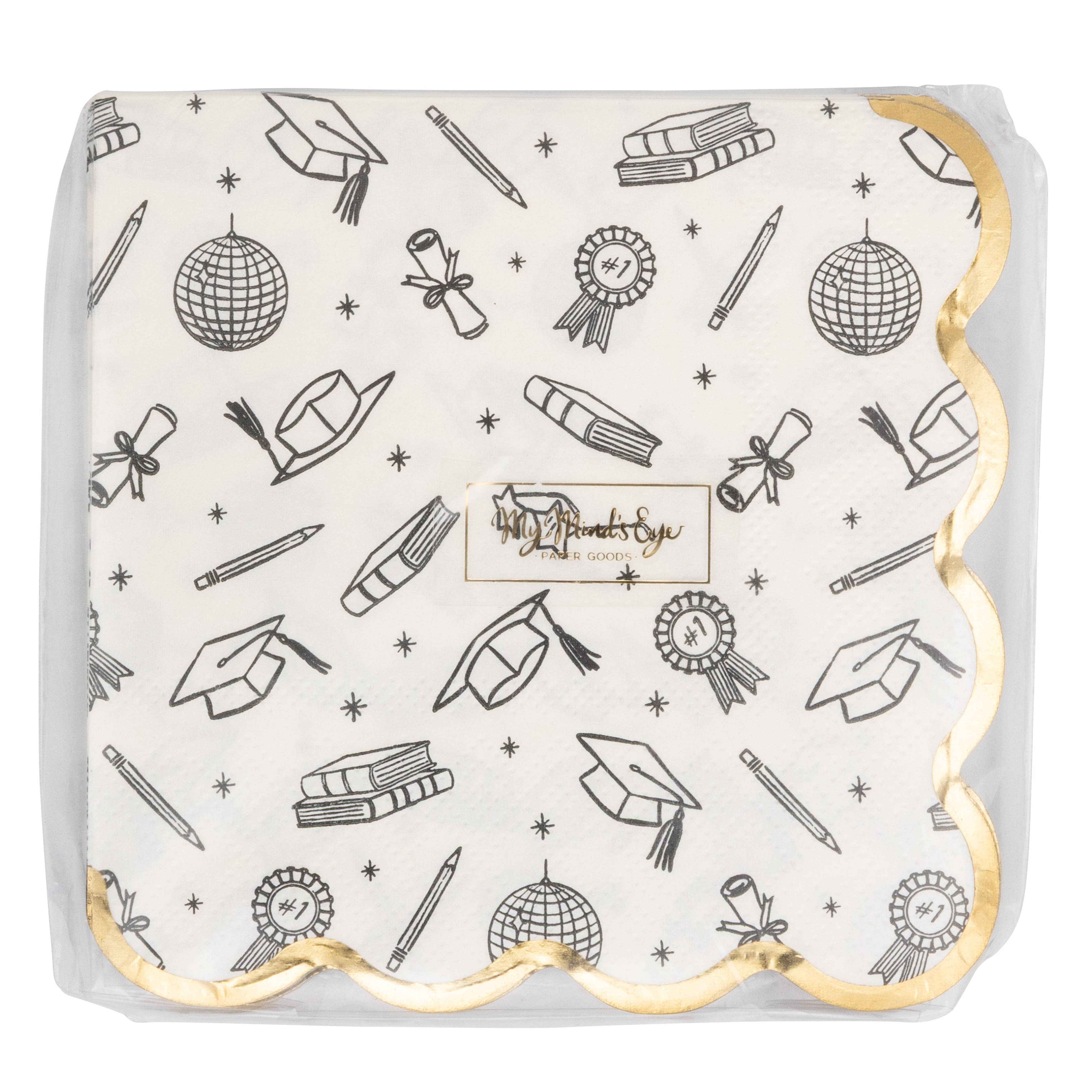 Packaged graduation cocktail napkins with gold foil scalloped edges