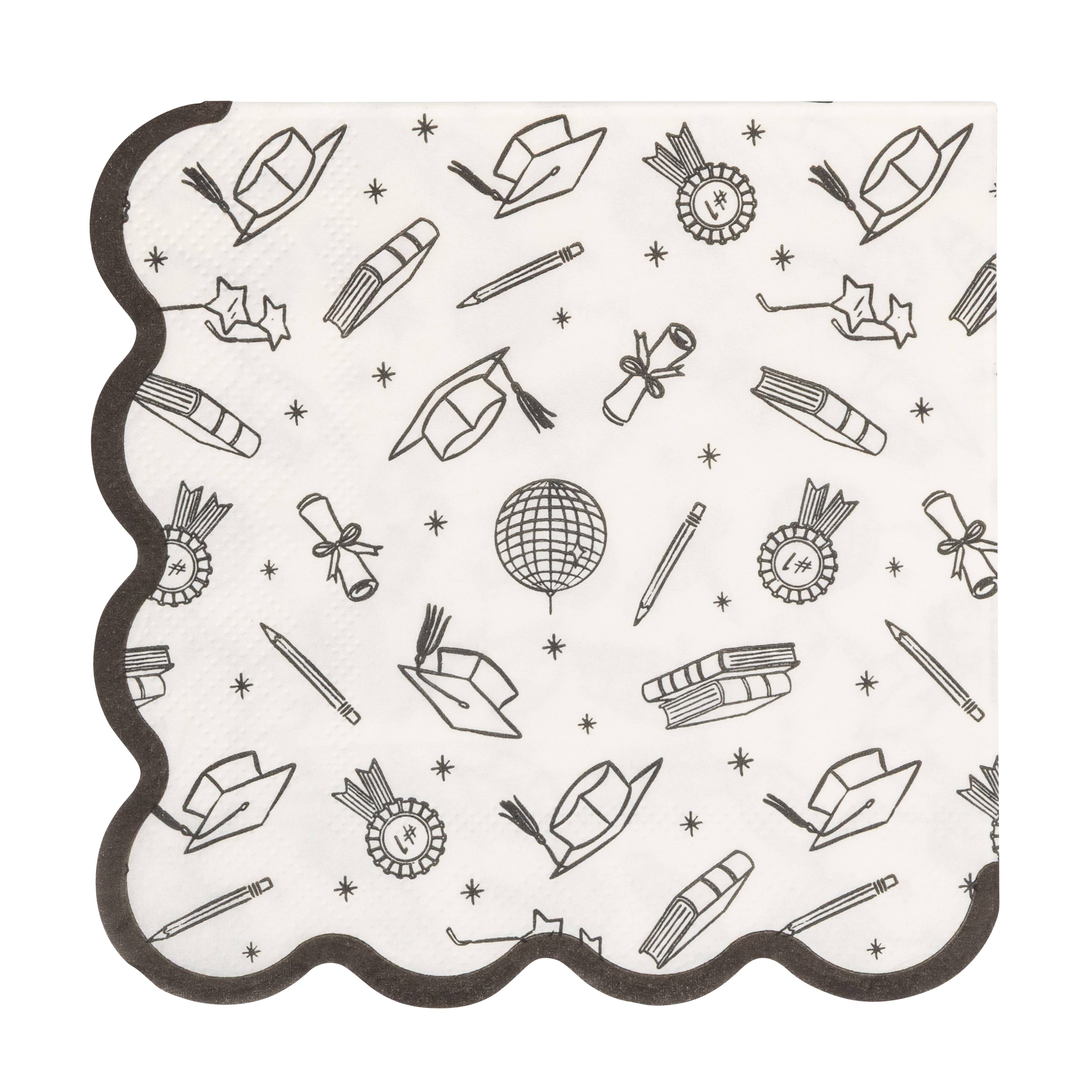 Graduation cocktail napkin with black border showing caps, diplomas, and ribbon icons