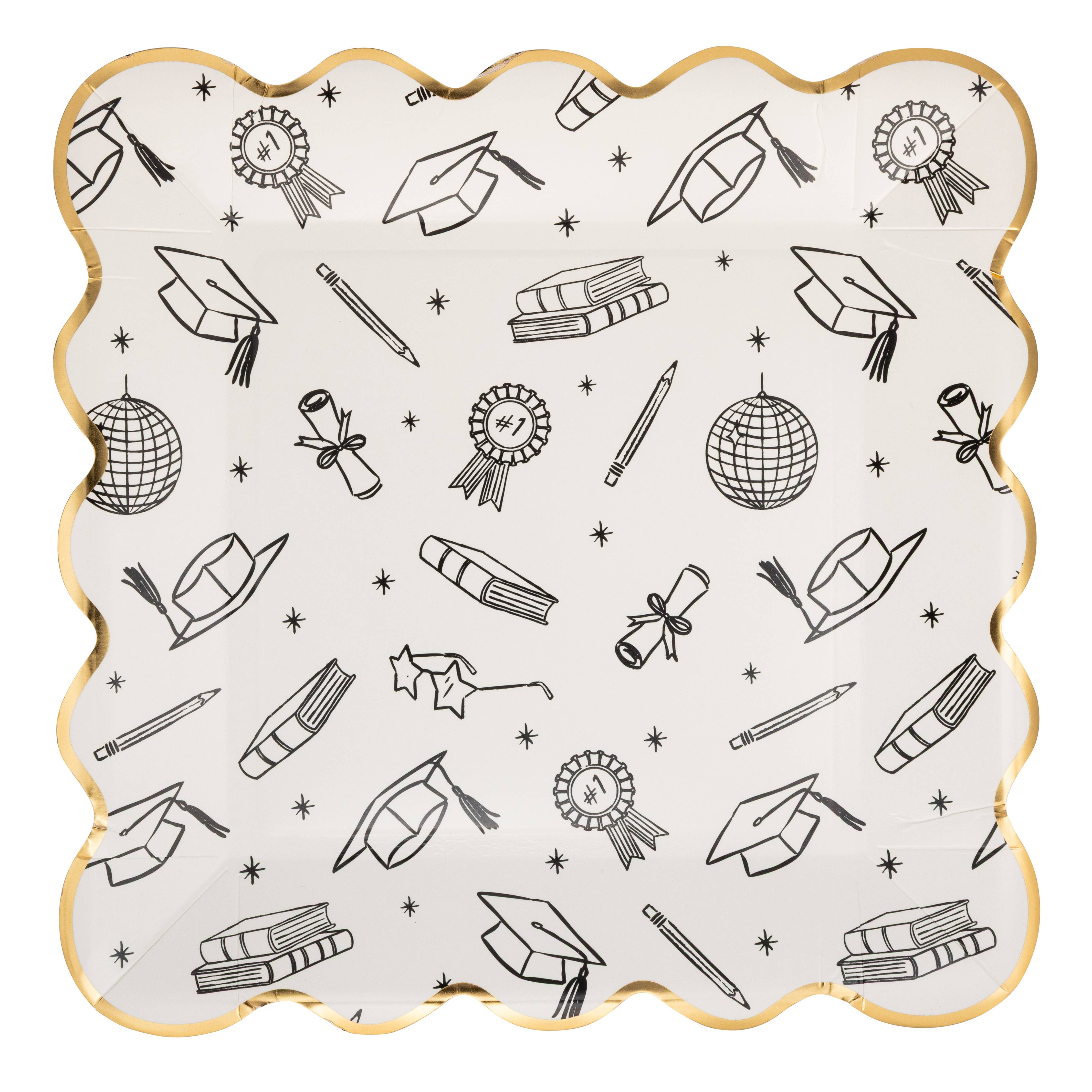 Graduation icon foil plate with black graduation symbols and gold scalloped edge