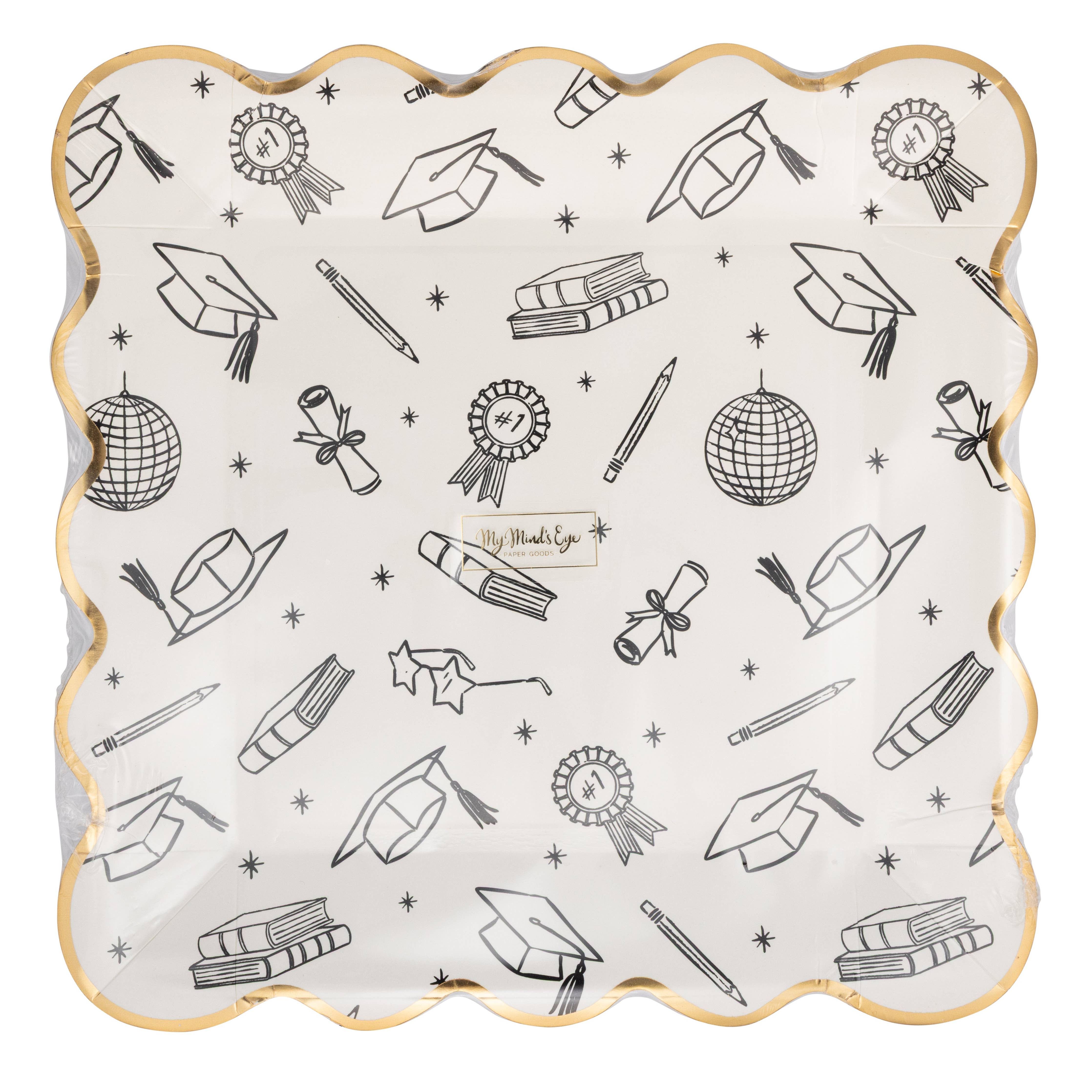 Graduation icon foil plate in packaging with black graduation icons and gold foil edge