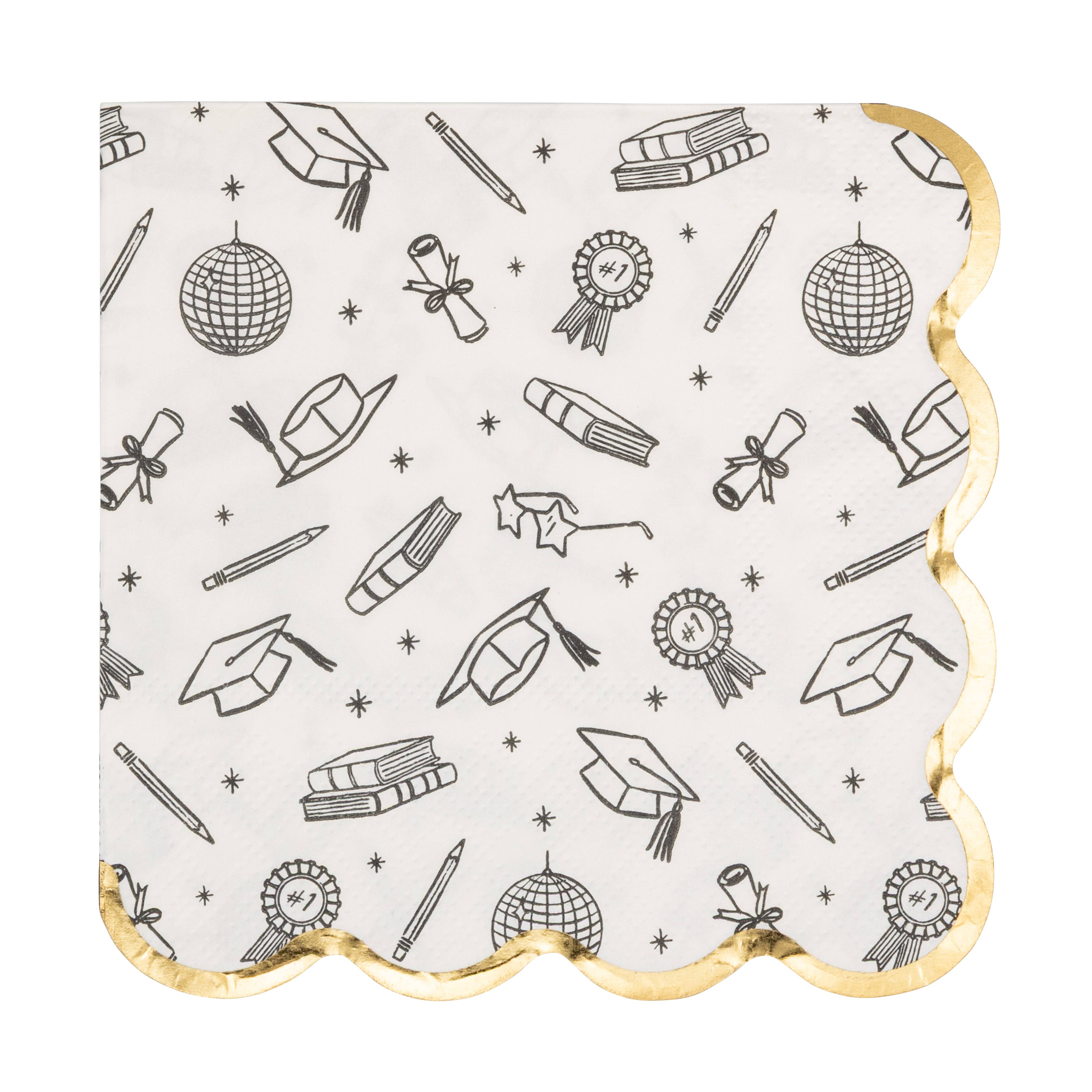 Cream graduation cocktail napkin with black grad icons and gold foil scalloped edge
