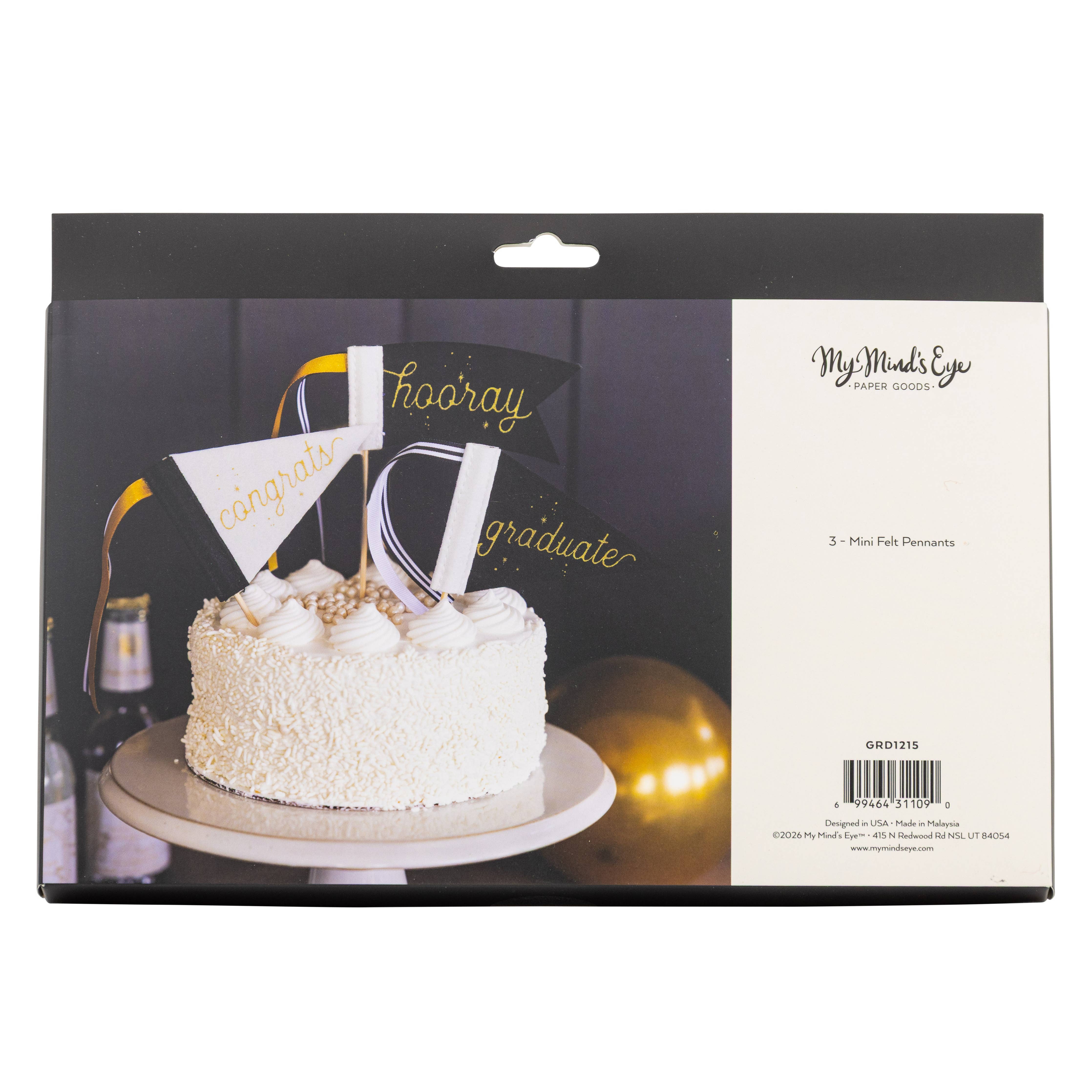 Back view of Graduation mini felt pennants cake topper set packaging with cake display photo