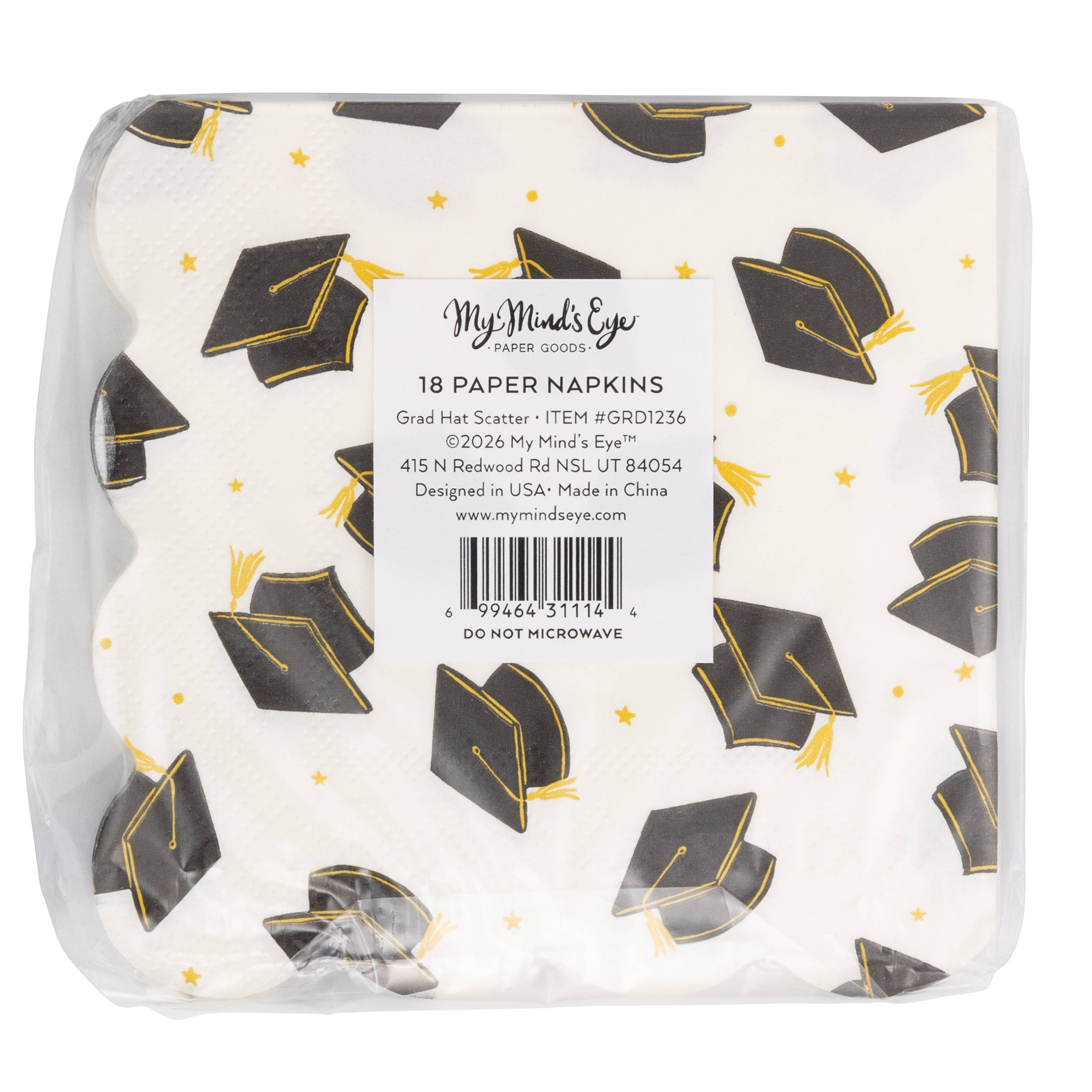 Back of packaged graduation napkins showing product label and grad hat scatter design