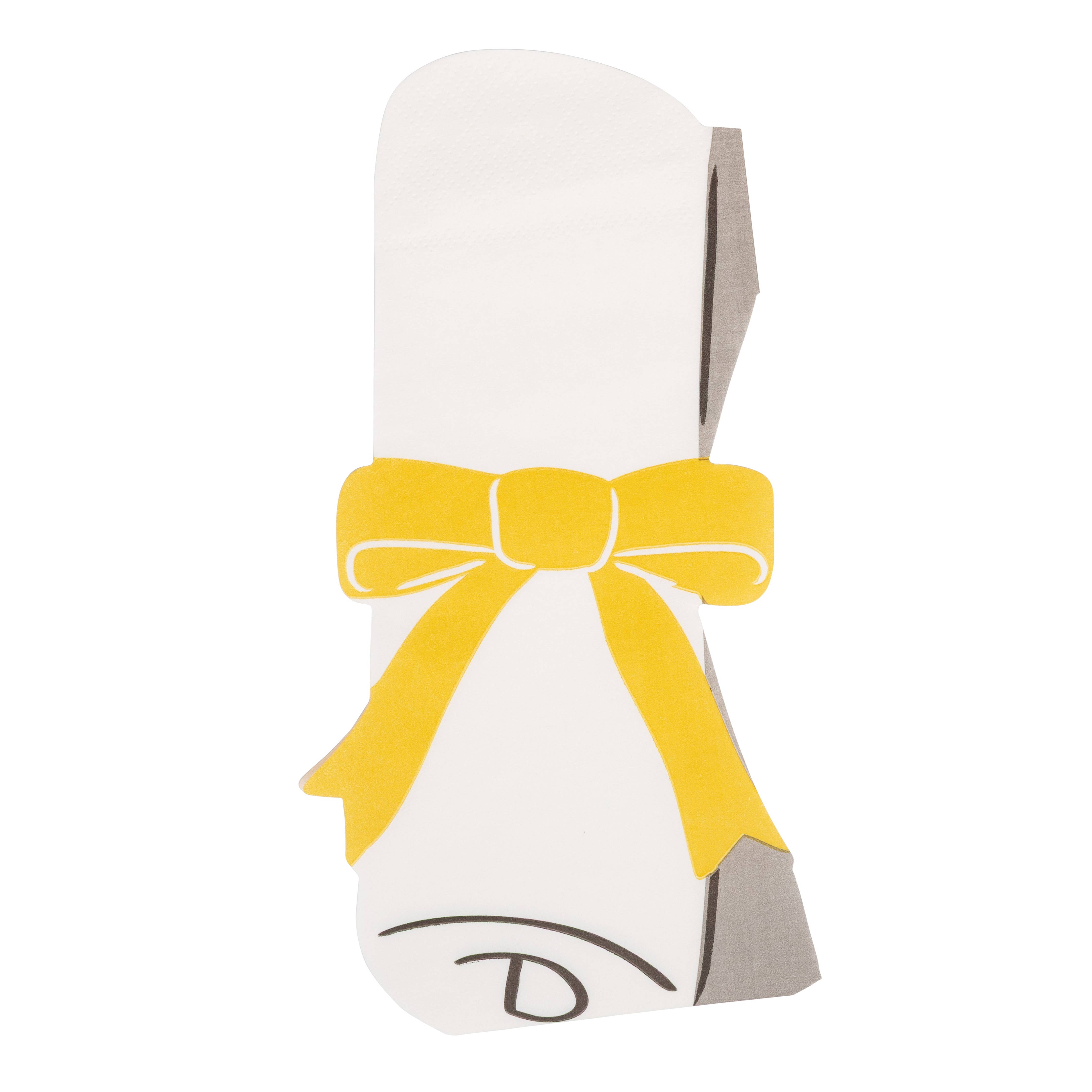 Back view of graduation scroll-shaped napkin with bow detail