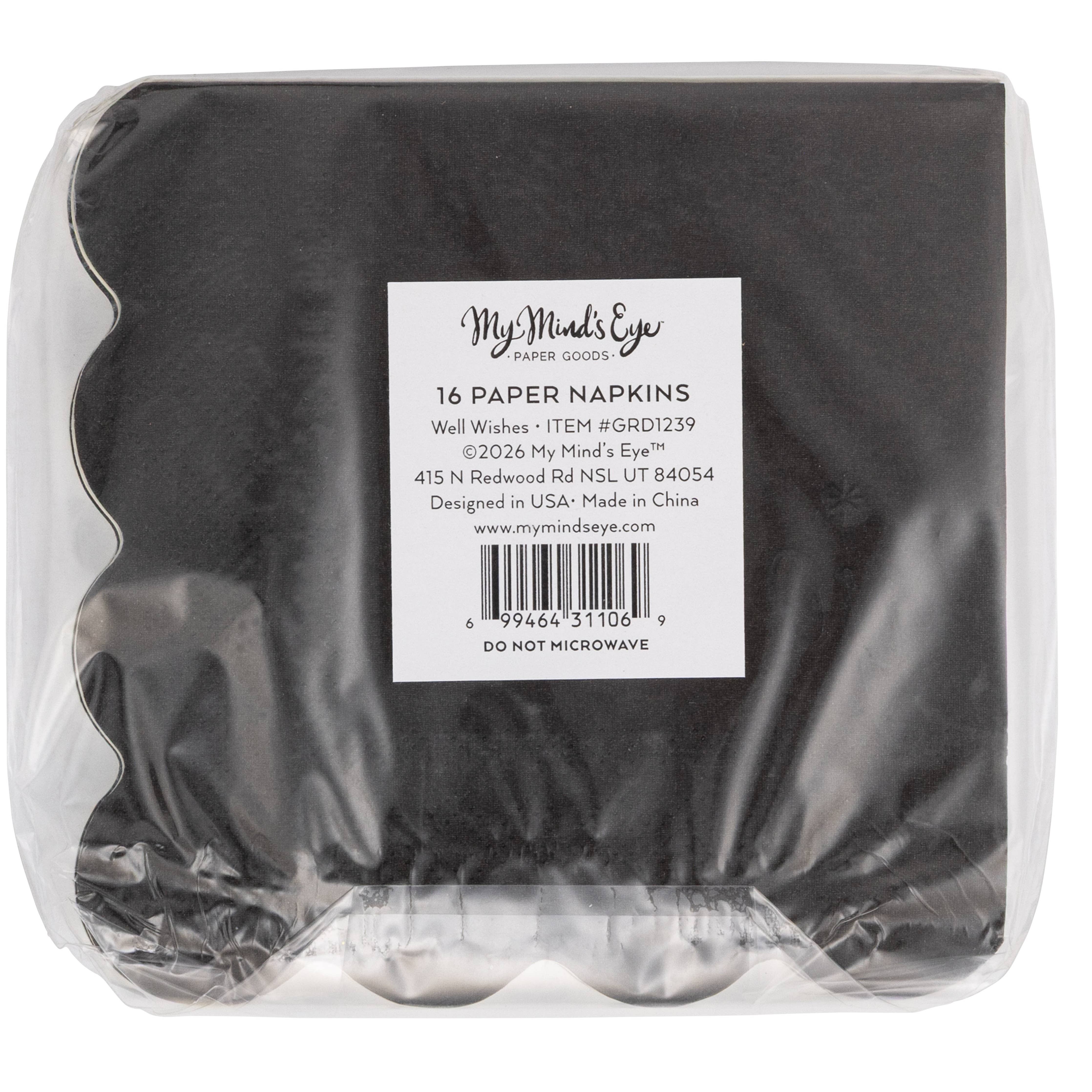 Back of package showing black napkins from the graduation well wishes cocktail napkin set