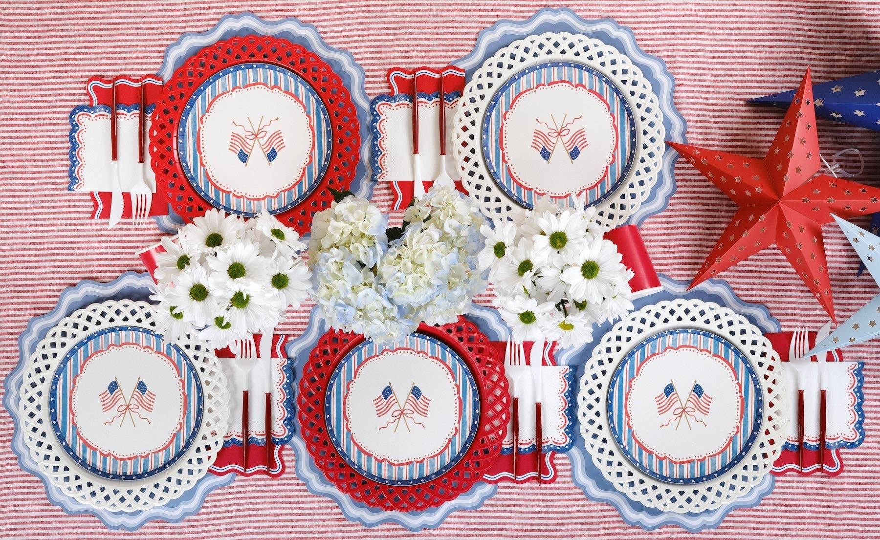 Overhead view of a 4th of July table with 8.5-inch Party Plates and Vintage Americana Decor.