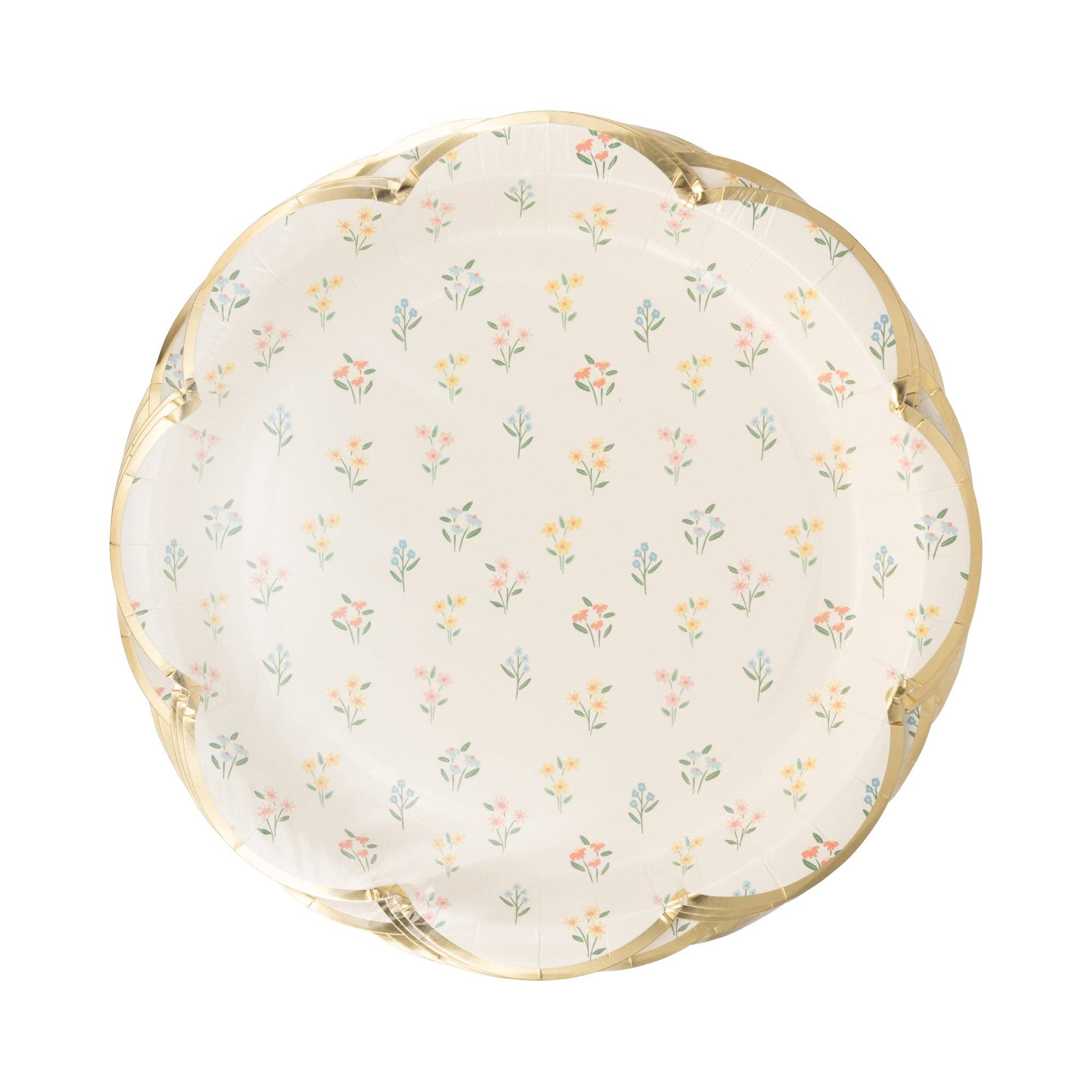 A stack of 8 scalloped paper plates with gold foil and a Poetcore floral design, ready for an Easter celebration.