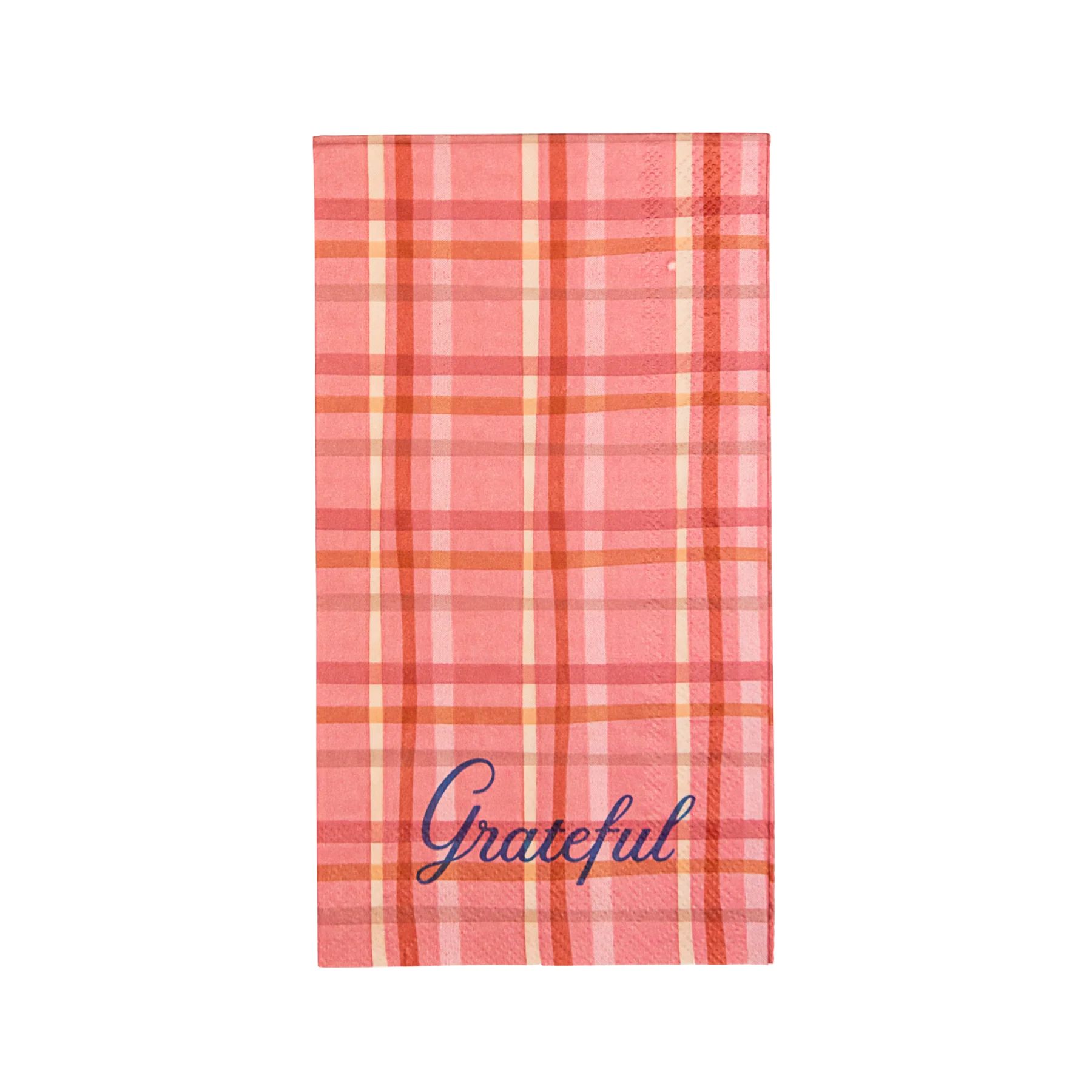 Single plaid “Grateful” guest towel, 4.25 x 7.75 inches, front view.