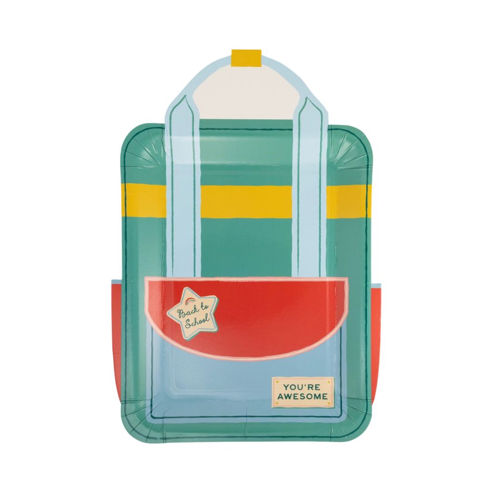 Green striped backpack shaped plate front view.