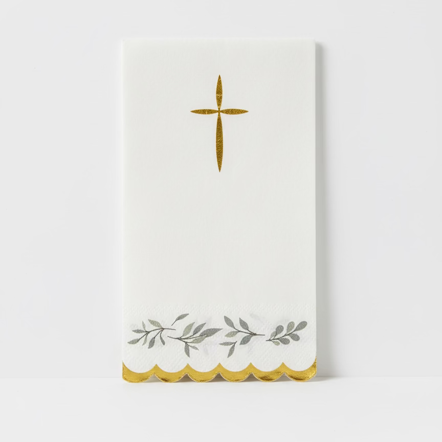 greenery baptism napkin with gold trim and cross detail
