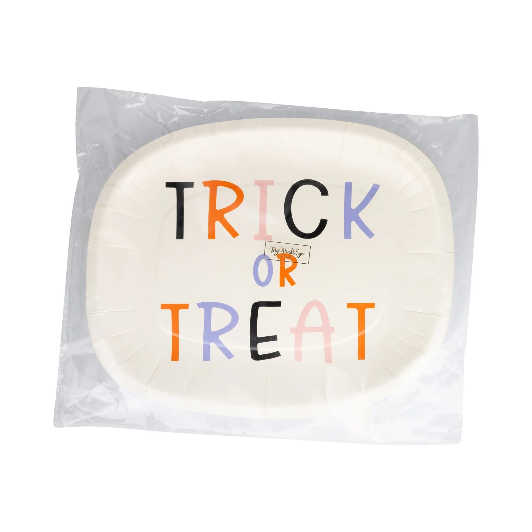 Front of sealed eight-pack word-bubble plates showing colorful “TRICK OR TREAT” design through clear wrapper—ready for retail display.